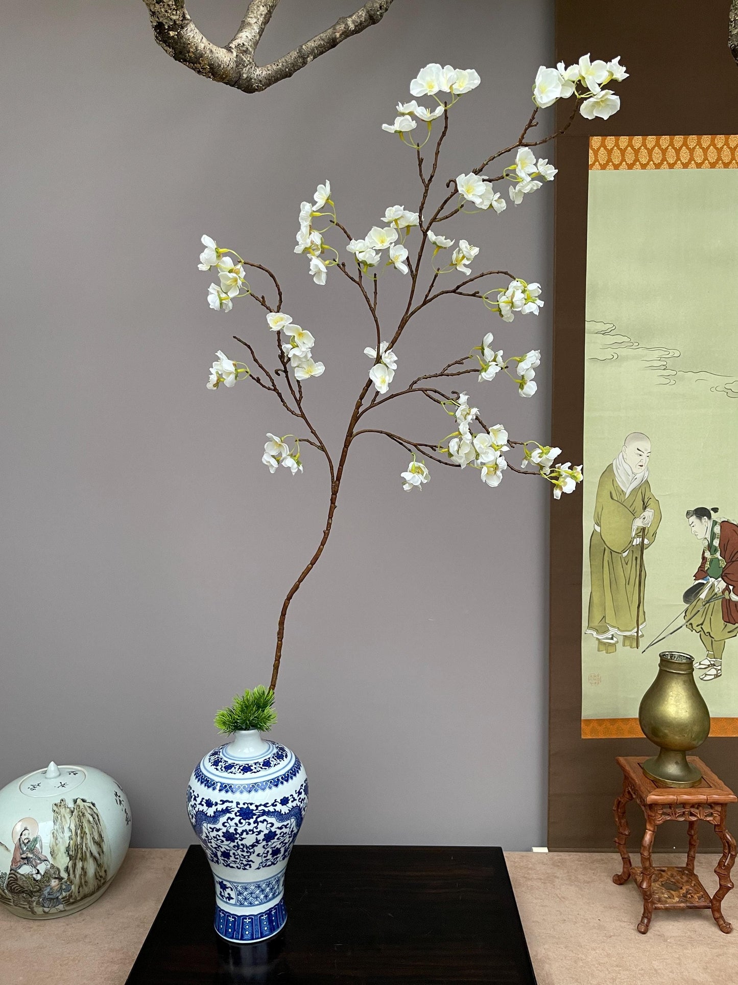 Realistic Faux White Plum Blossom Branch - Prunus Mume Artificial Silk Flower - Zen Minimalist Home Decor  Winter Plum Blossom Arrangement