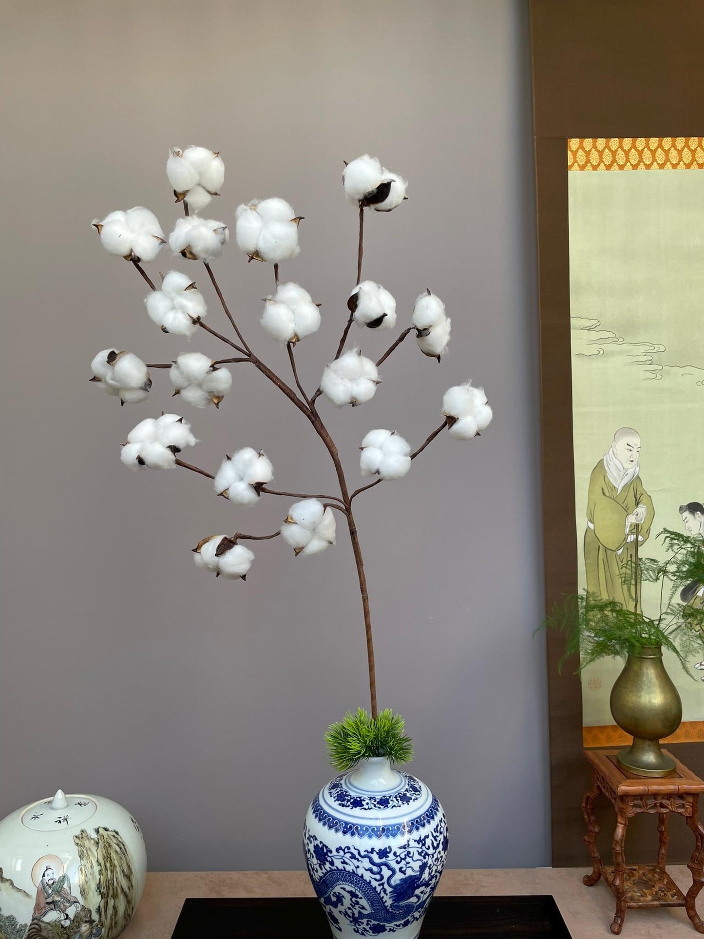 Hand-Crafted Artificial Cotton Branch with Natural Shells - Rustic Farmhouse Decor - Realistic Faux Cotton Stem for Minimalist Home Accents