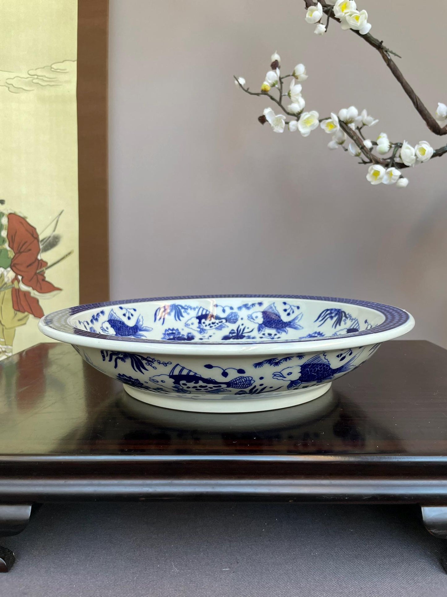 Large Flared Rim Porcelain Bowl • Wide Shallow Blue & White Display Bowl • Decorative Serving Vessel • Oriental Art Centerpiece