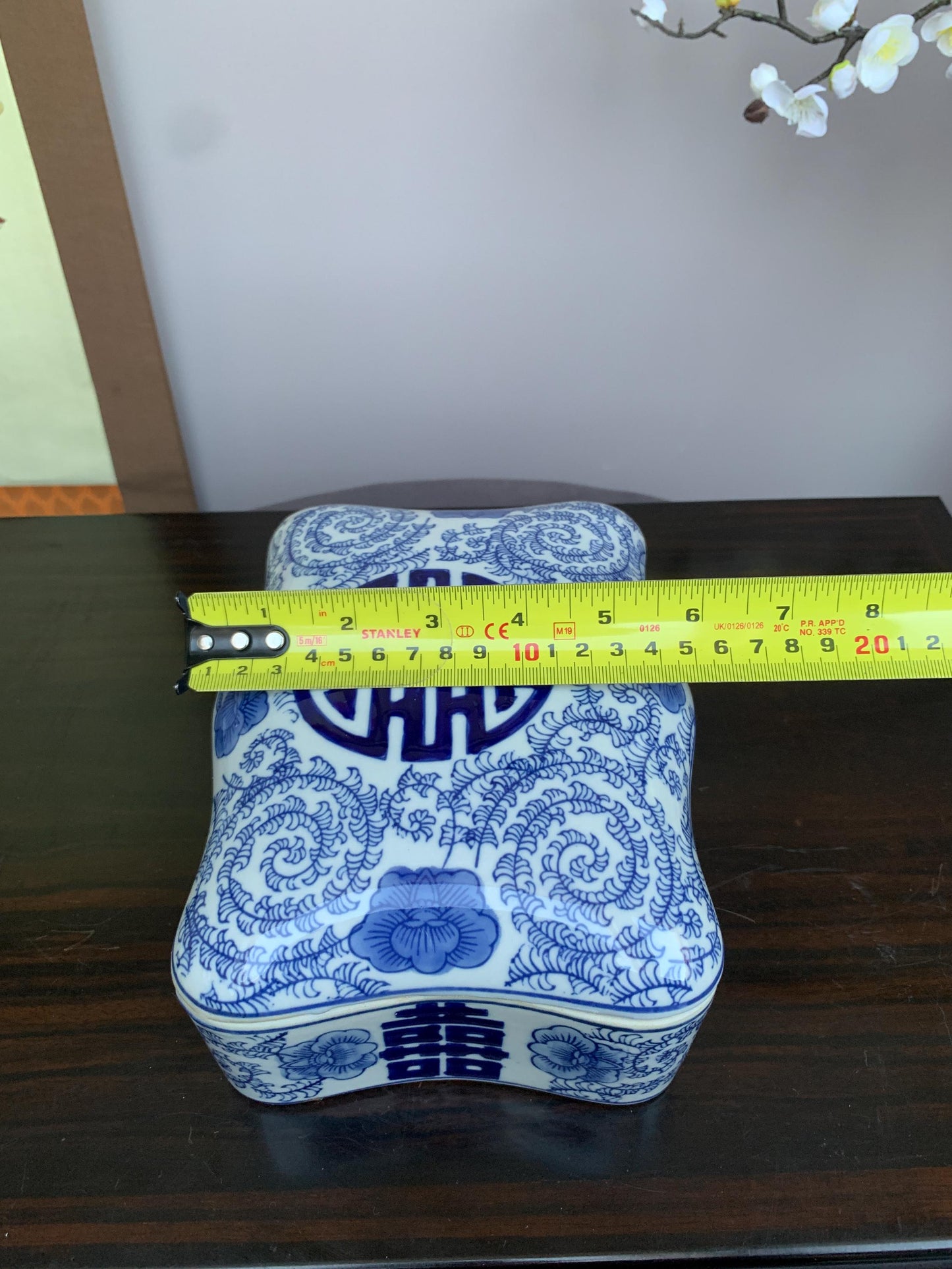 Blue and White Porcelain Lidded Box | Curved Decorative Container with Shou Longevity Symbol | Handcrafted Ceramic Storage Box | Asian Home