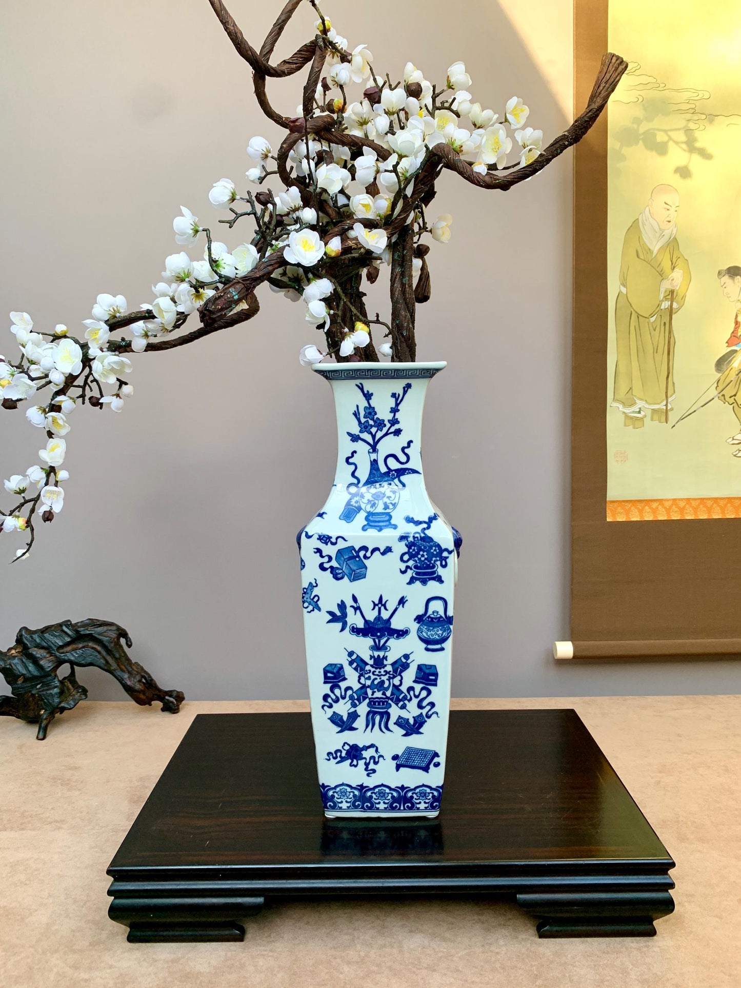 Tall Hand-Crafted Blue and White Square Vase Rare "Hundred Antiques" (Bogu) Motif Heavy Premium Porcelain Traditional Scholar's Studio Deco