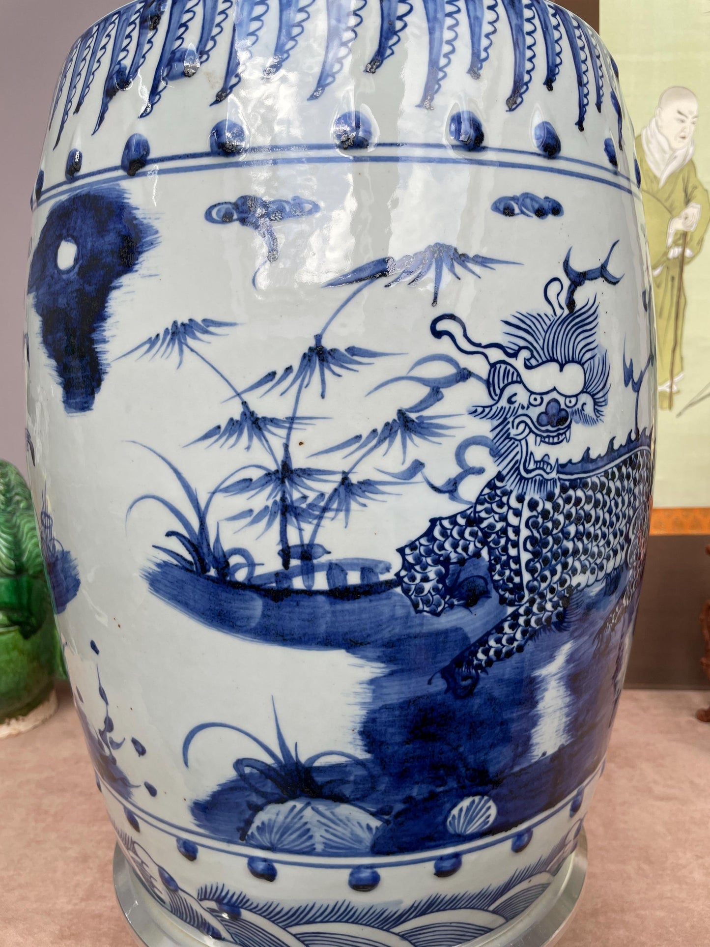 Large Blue and White Porcelain Garden Stool, Hand Painted Qilin Dragon Ceramic Seat Chinoiserie Drum Stool Oriental Decor, Rare Heavy SINGLE