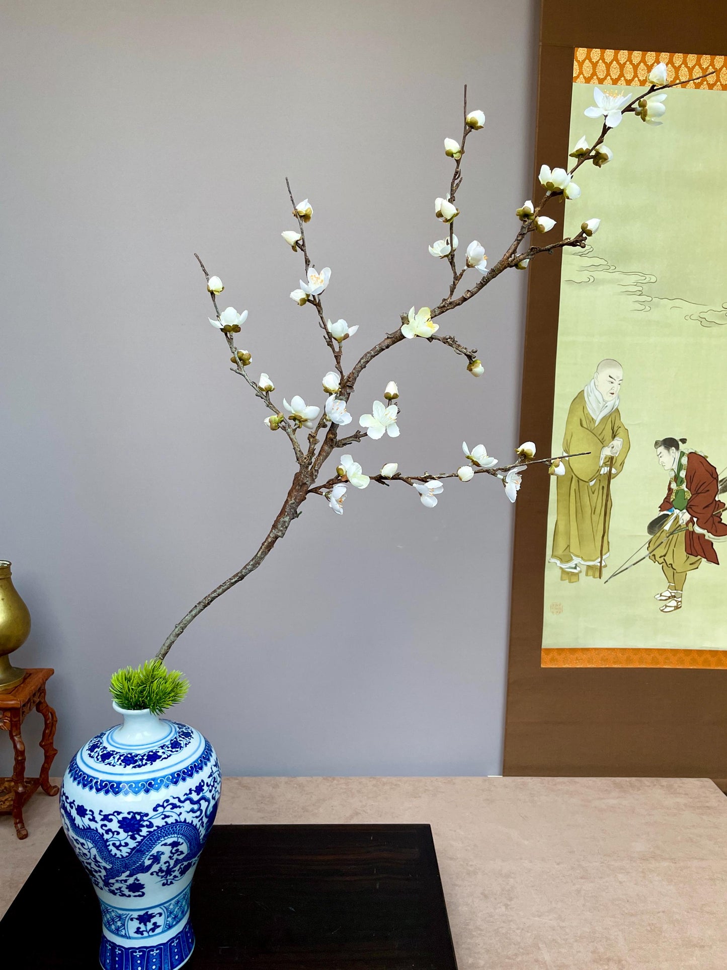 Large Realistic White Plum Blossom Branch - Faux Winter Meihua Stem - Elegant Chinoiserie Decor Hand-Crafted Luxury Zen Floral