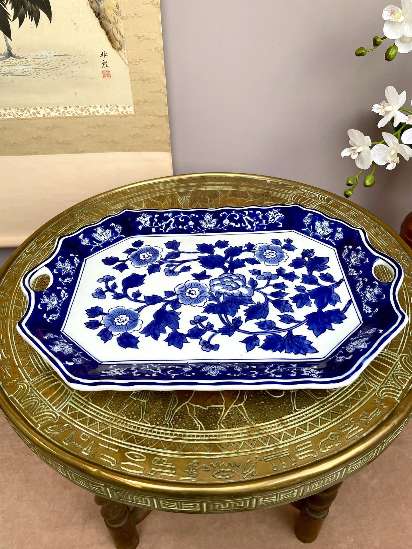 Large Blue and White Porcelain Serving Tray • Handcrafted Prestige Floral Platter • Luxury Home Décor Elegant Table Center piece