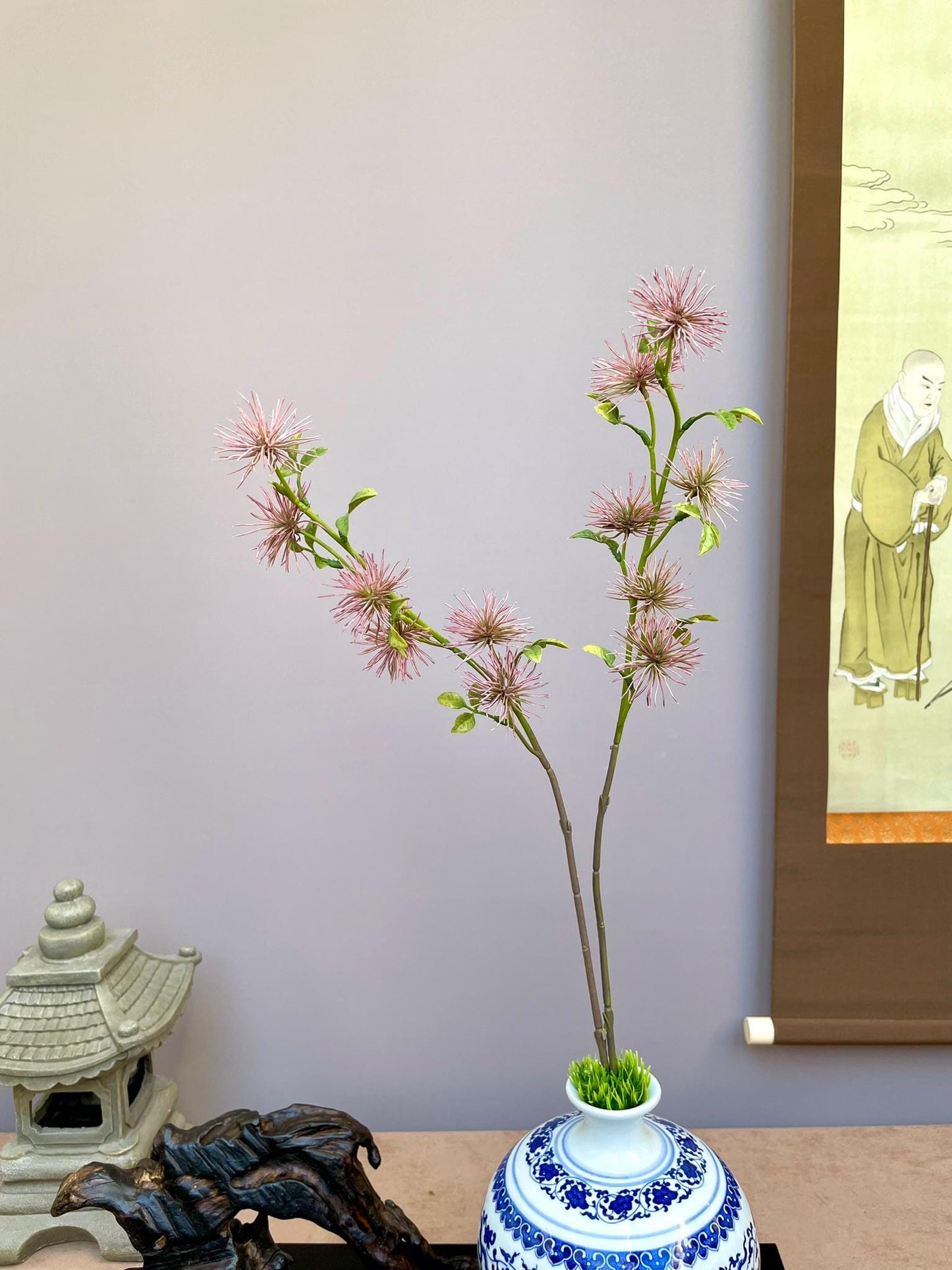 Pink Silk Tree Pompom Stem, Faux Albizia Julibrissin, Wispy Wildflower Arrangement, Japanese Wabi Sabi Decor, Tall Vase Filler