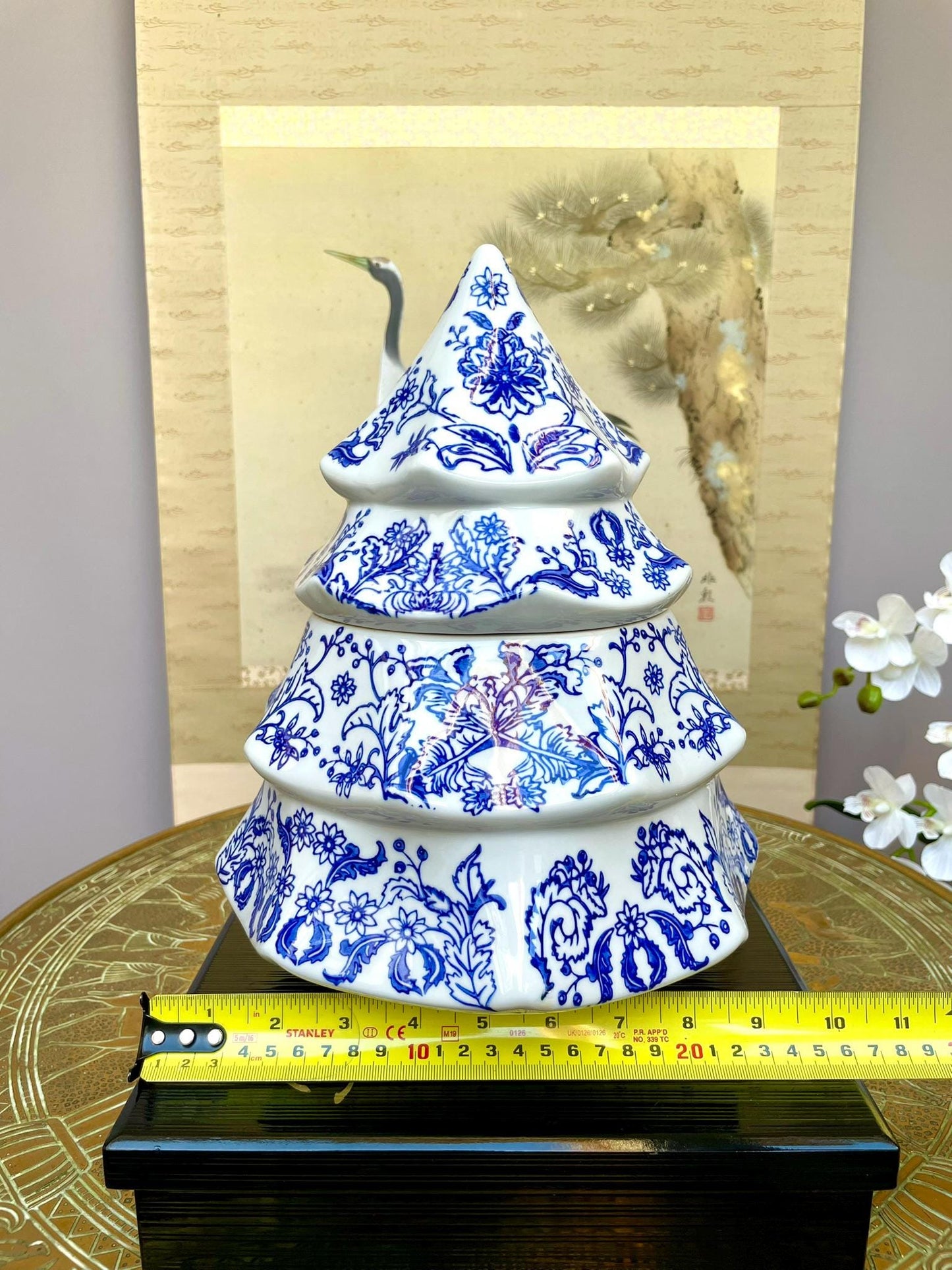 Blue and White Christmas Tree Jar – Two-Tier Lidded Container with Airtight Seal – Holiday Porcelain Decor  Blue & White Christmas Gift