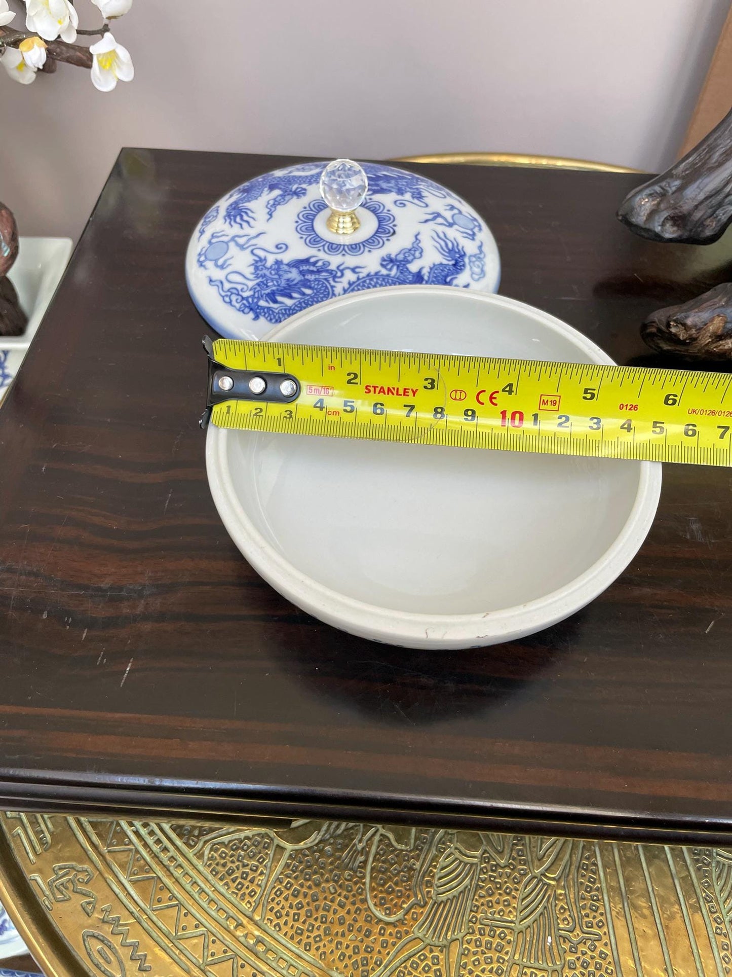 Hand-Crafted Blue and White Porcelain Dragon Jewellery Box - Lidded Trinket Jar with Crystal Knob - Chinoiserie Décor for Precious Items