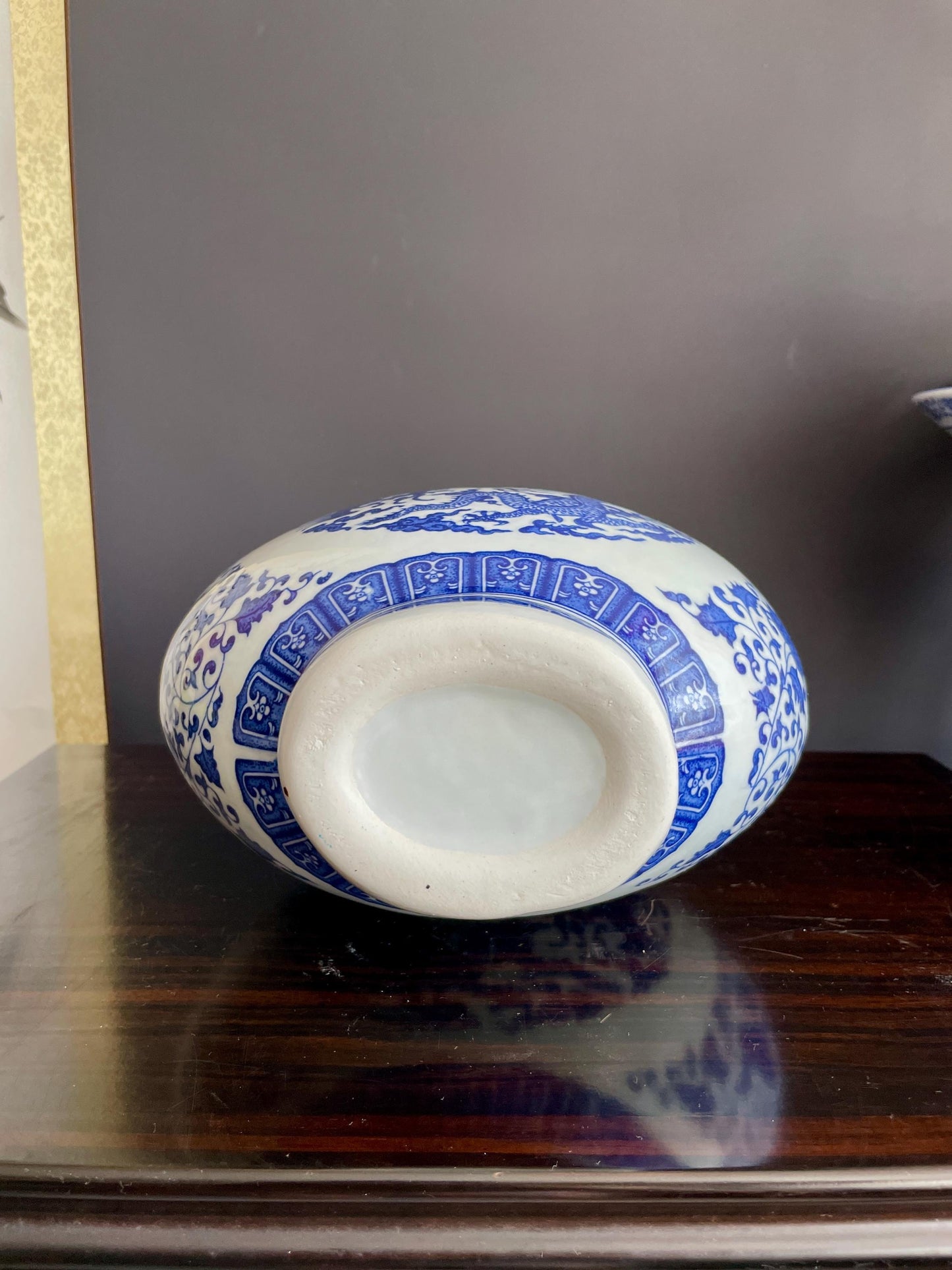 Hand Crafted Blue & White Moonflask Vase with Handles | 31cm Dragon Phoenix Porcelain Vessel Large Chinoiserie Collector Pottery