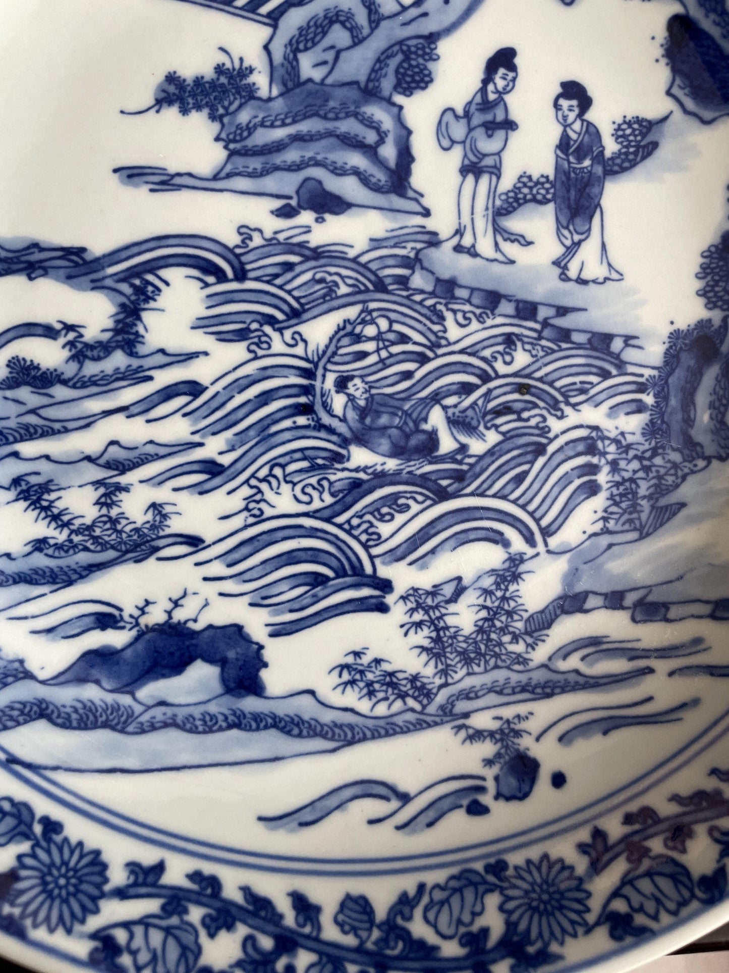 Traditional Blue and White Porcelain Charger | Hand-Crafted Narrative Decorative Plate | Classic Chinoiserie Display Platter