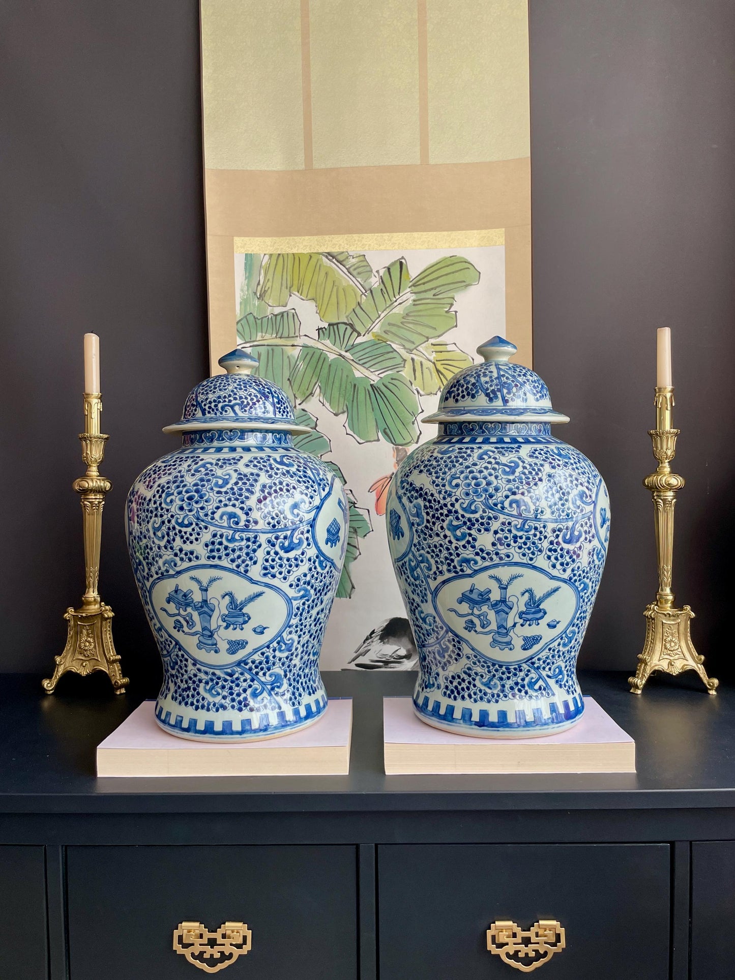 Monumental 50cm Hand-Painted Blue White Temple Jar Pair | Super-Sized Prunus & Antiquities Motif Covered Ginger Jars