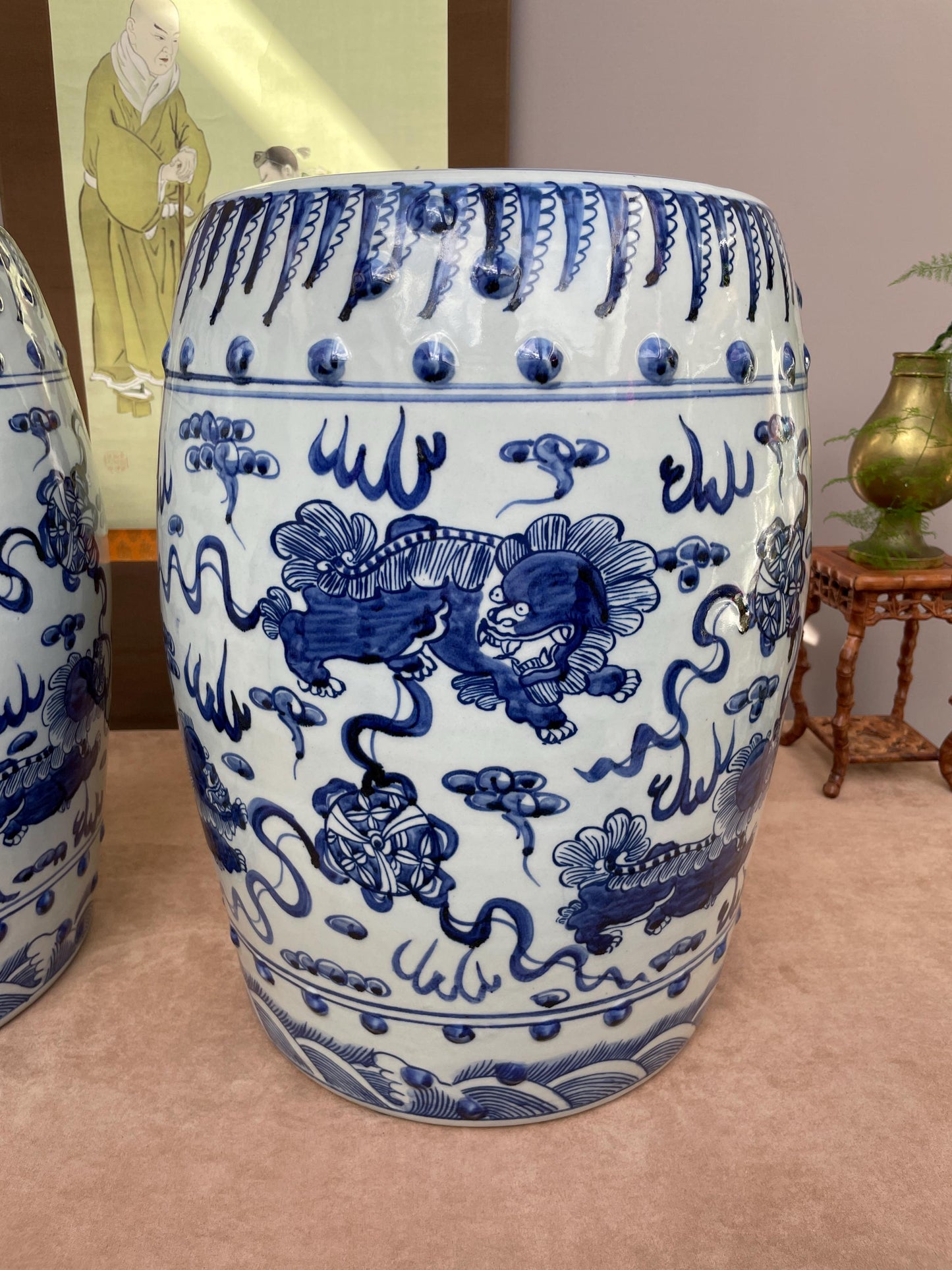 Large Blue and White Porcelain Garden Stool 100% Hand Painted Foo Dog Ceramic Seat, Chinoiserie Drum Stool, Guardian Lion Side Table Heavy.