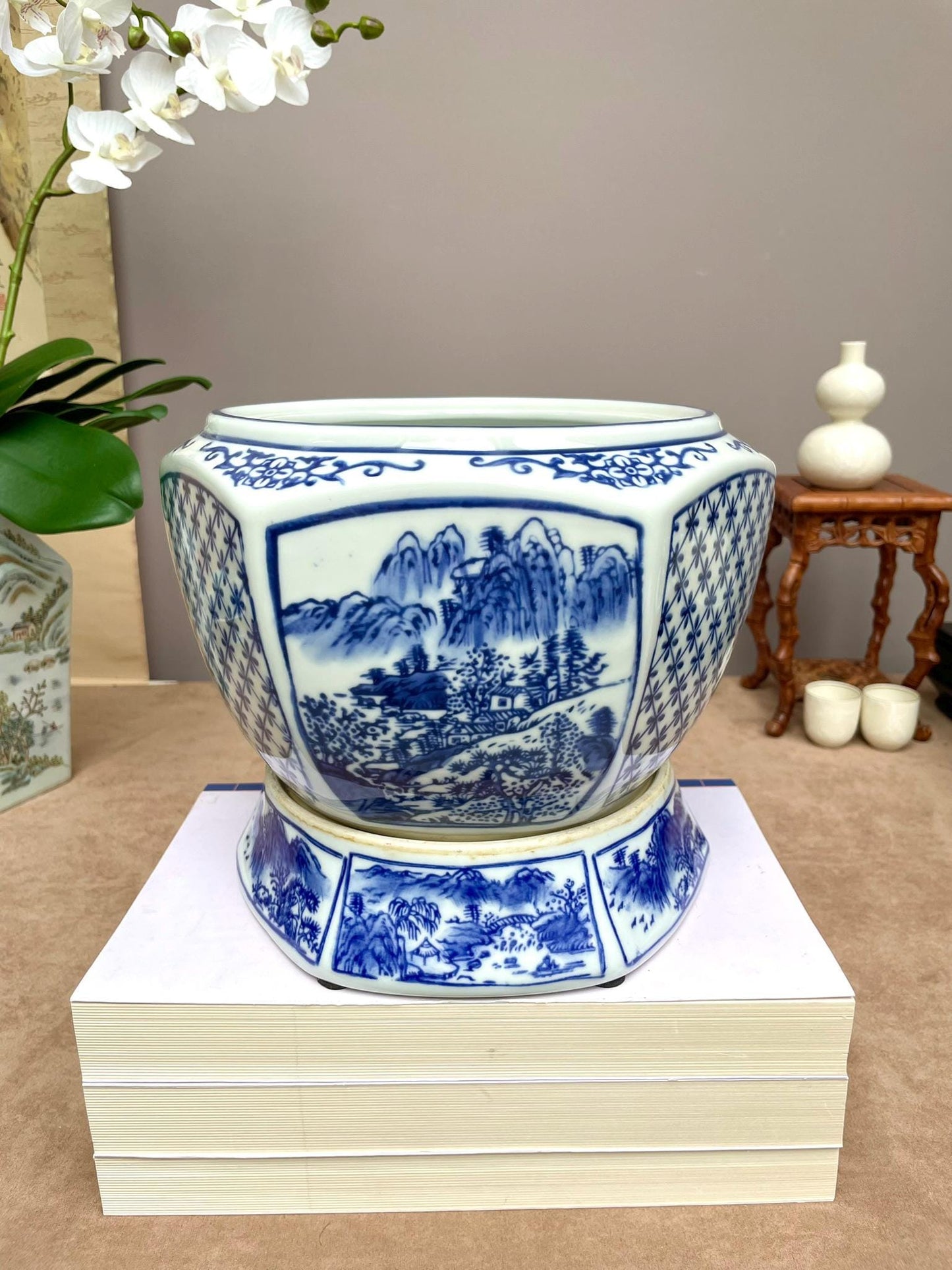 Blue and White Chinese Porcelain Planter with Stand | Hand-Painted Landscape Scene | Oriental Home Decor | Ming Style Ceramic Pot