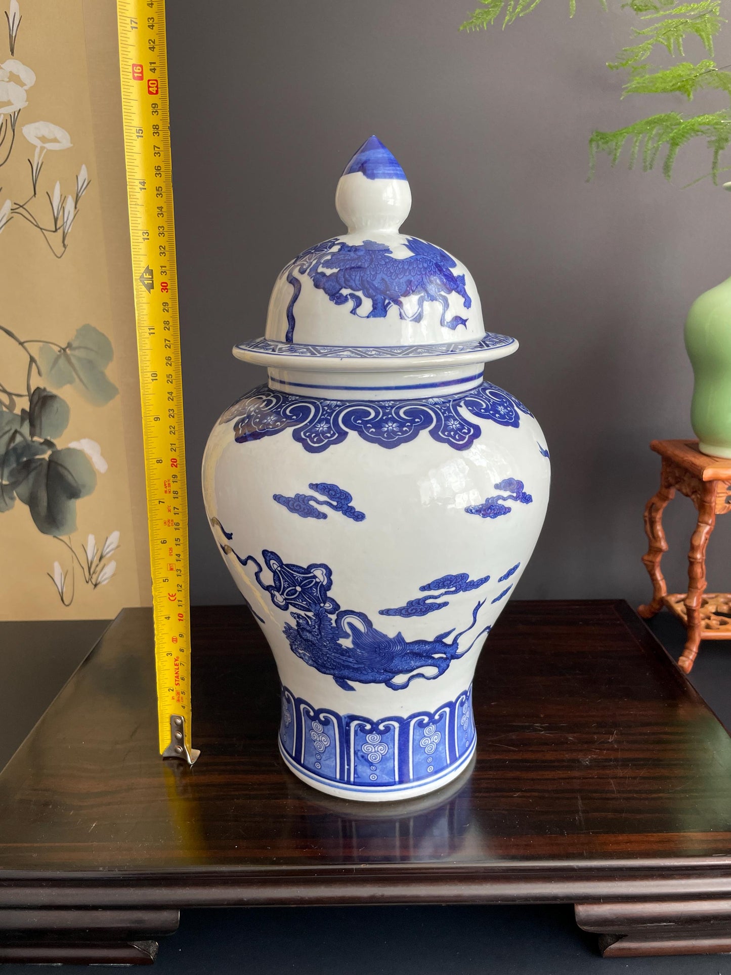 Blue and White Porcelain Temple Jar Large Ginger Jar with Lid Chinoiserie General Jar Traditional Mythical Beast Urn Oriental Home Decor