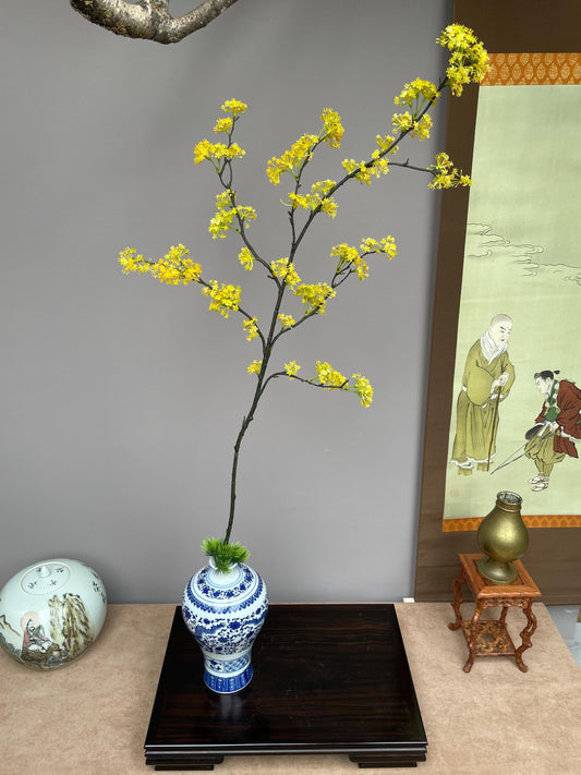 Realistic Faux Cornus Officinalis Yellow Flower Branch - Japanese Cornel Dogwood Artificial Stem Zen Minimalist Home Decor Tea Room Ornament