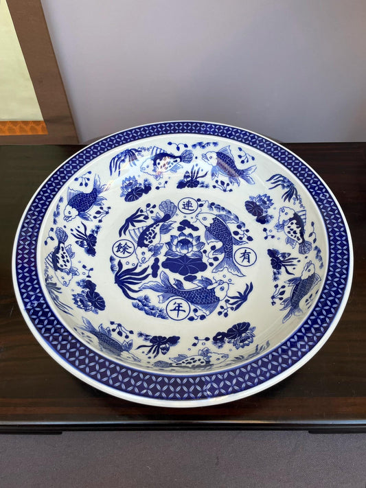 Large Flared Rim Porcelain Bowl • Wide Shallow Blue & White Display Bowl • Decorative Serving Vessel • Oriental Art Centerpiece