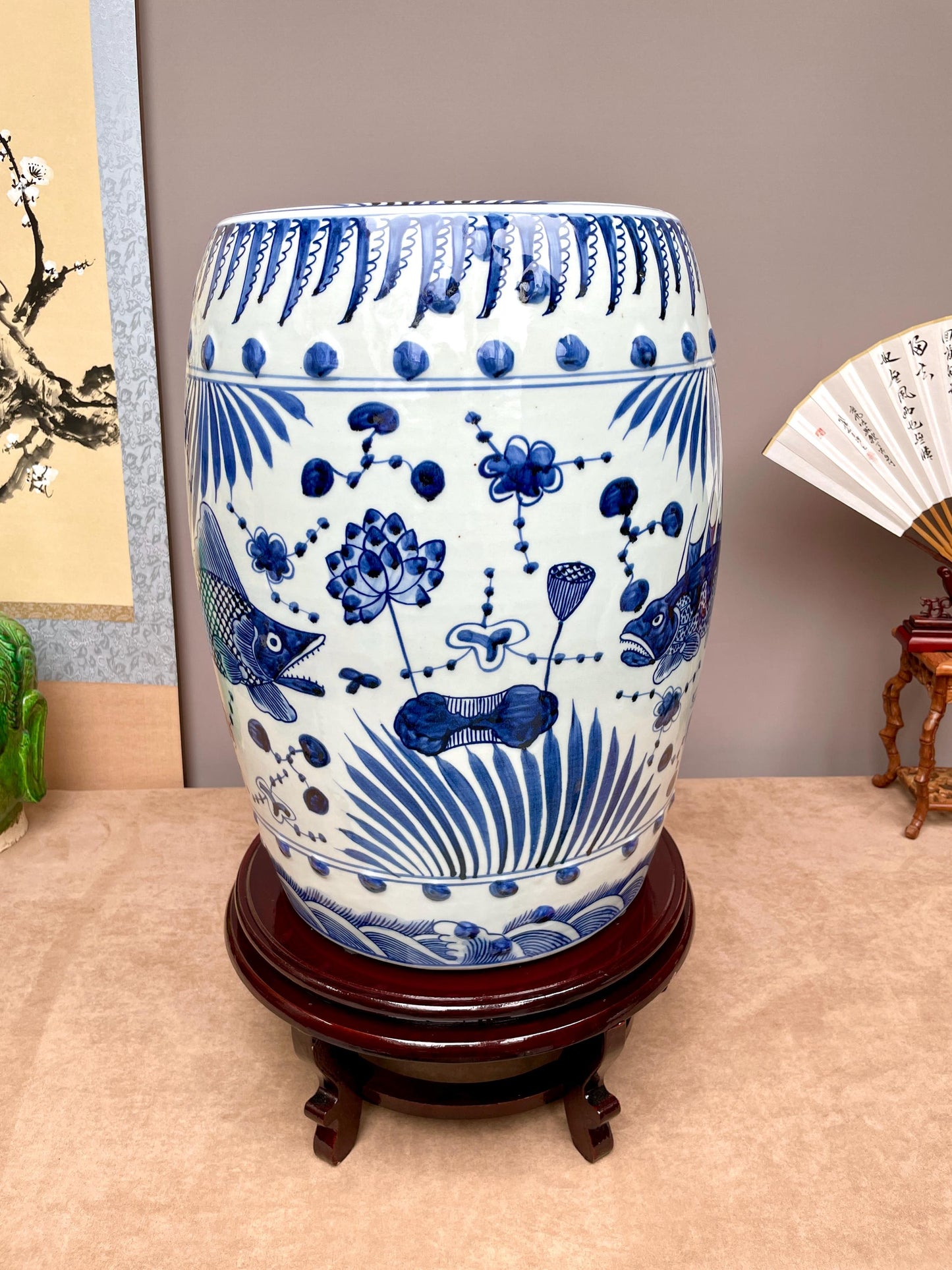 Hand Painted Koi Carp Garden Stool Traditional Chinese Blue White Drum Table Oriental Home Accent Cobalt Blue Statement Furniture Feng Shui