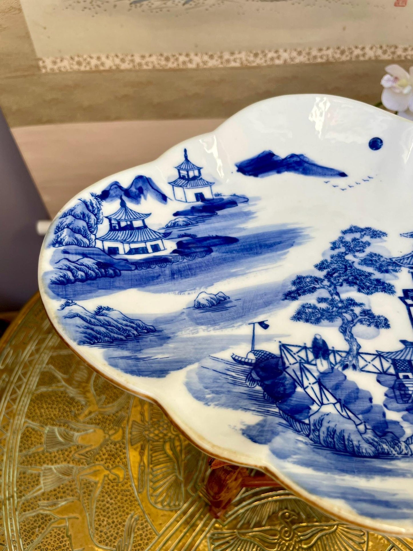 Blue and White Porcelain Dish - Hand Painted Landscape with Pagoda & Pine - Scalloped Iron-Oxide Rim - Fine Asian Home Decor