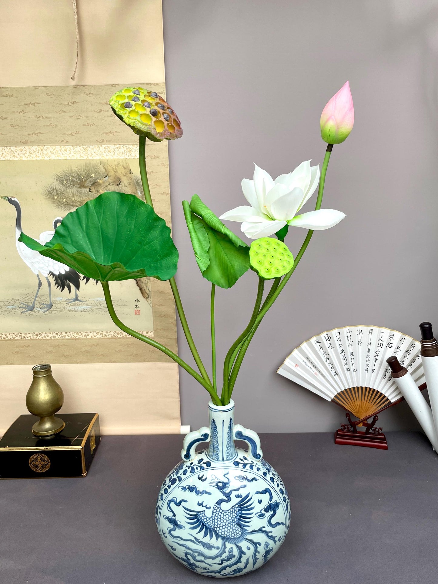 Real Touch Lotus Flower Arrangement 95cm Tall Faux Lotus Stem with Pods Artificial Lotus Bouquet Large Zen Table Decor Silk Flowers. Pink.