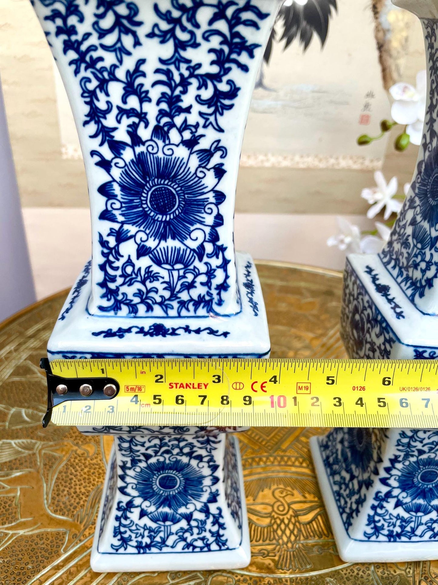 pair of Blue & White Porcelain Altar Candle Holders • Imperial Ritual Vessel Pair • Heaven–Earth–Human 3 section  Chinoiserie Floral design