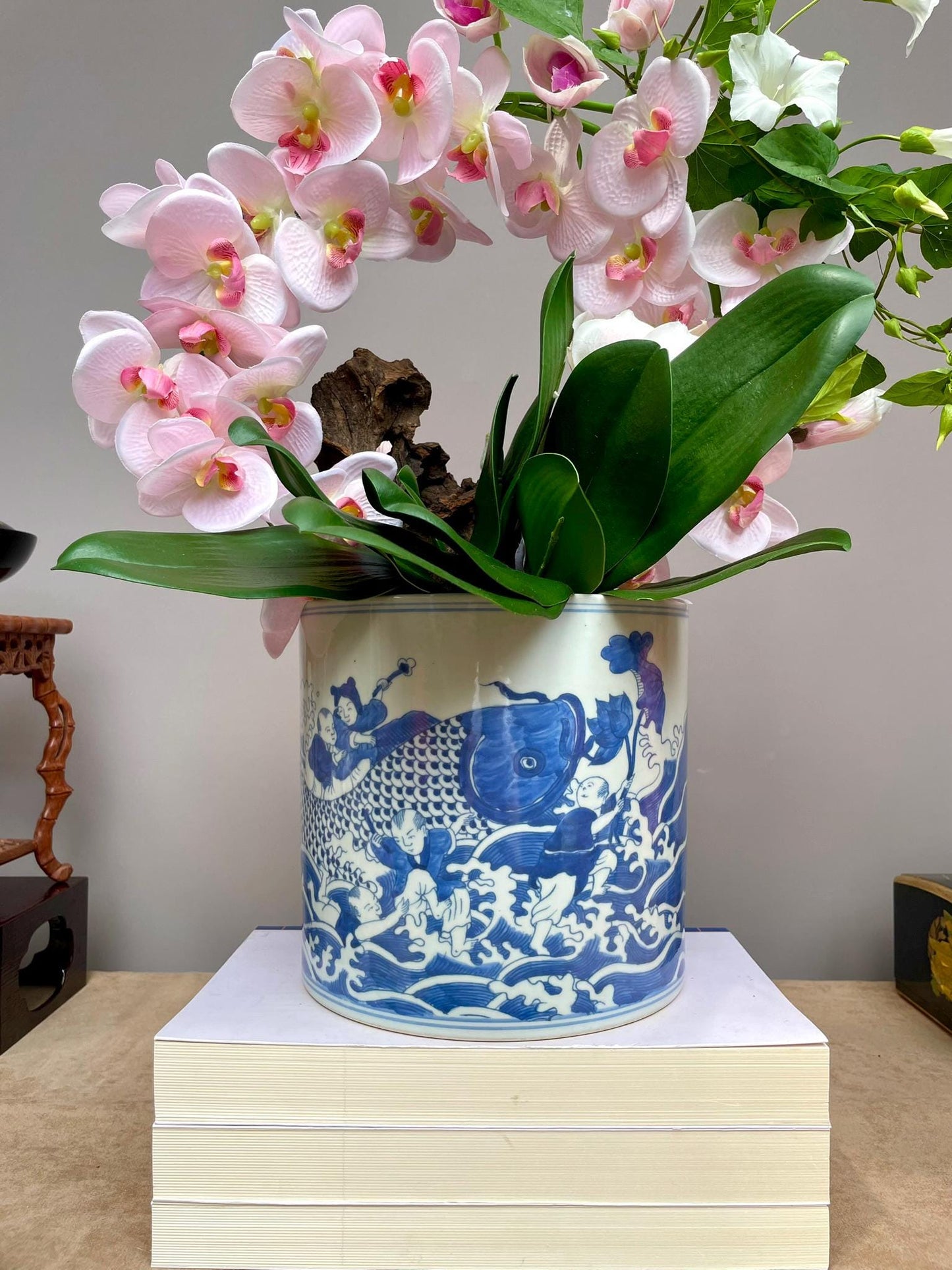 Hand-Painted Chinese Blue and White Porcelain Vase with “Baby Holding Fish” Motif Symbolizing Prosperity and Abundance