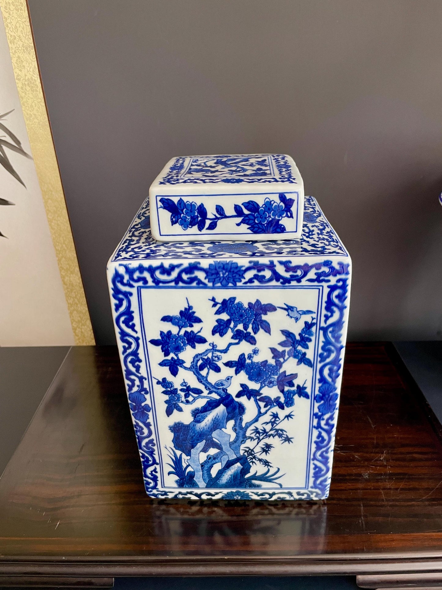 Rare Hand Painted Blue and White Xiang Qi Porcelain Vase | Hand Pressed Square Ginger Jar with Lid | 30cm Heavy Collector Ceramic Vessel