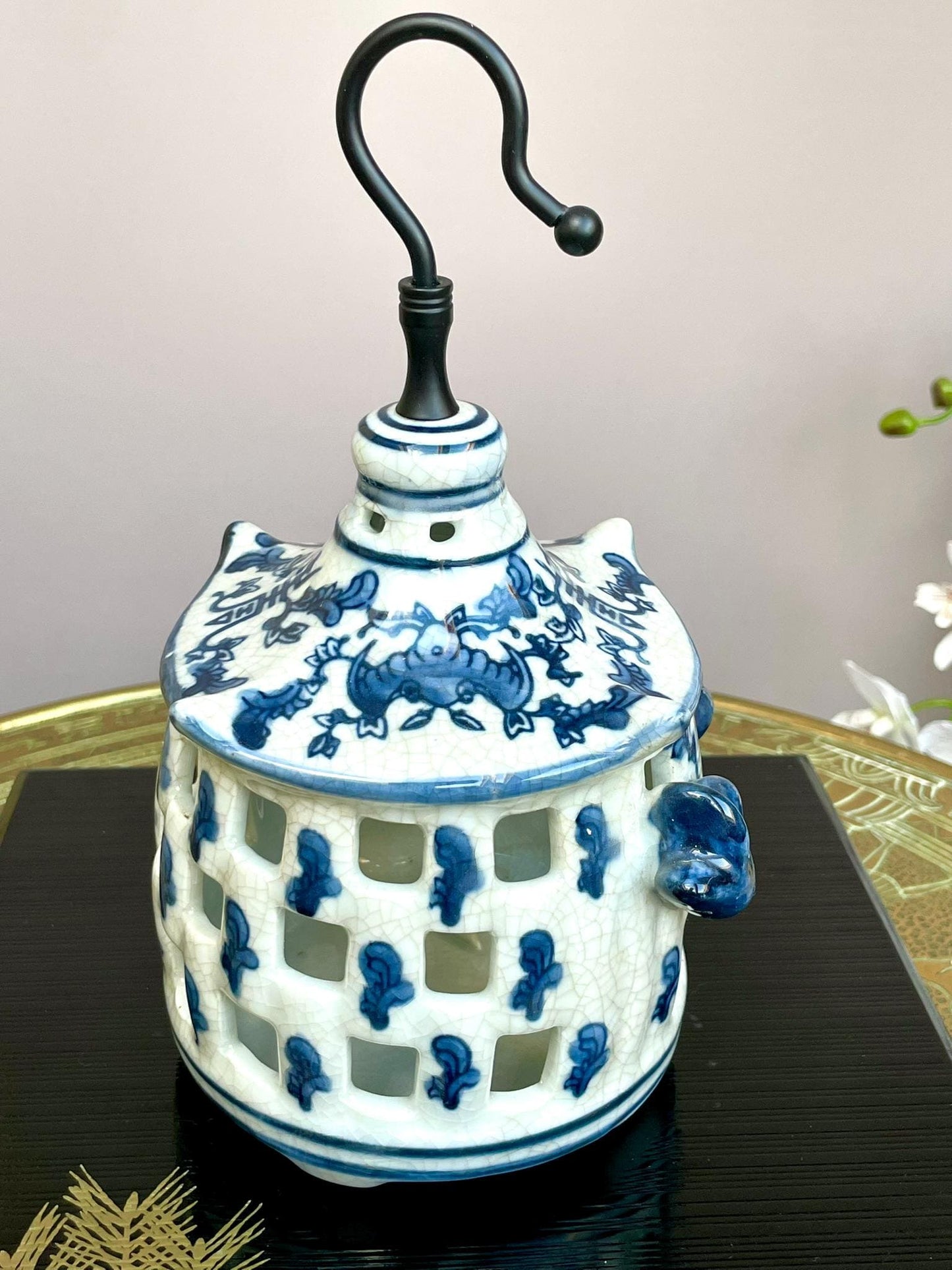 Blue & White Hanging Candle Holder | Crackle Glaze Porcelain Lantern | Handcrafted Ceramic Candle House | Hanging Tealight Holder Decor