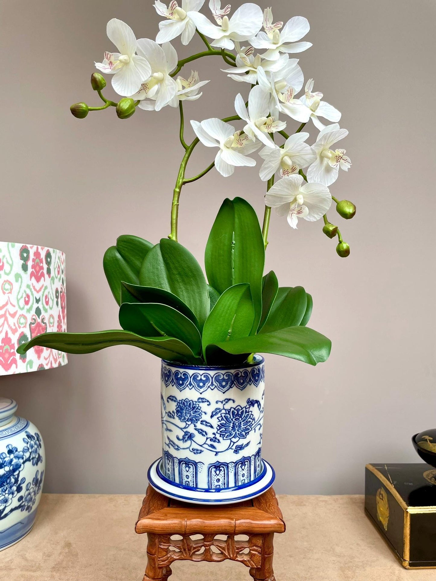 Blue and White Chinoiserie Orchid Planter with Saucer: Elegant Ceramic Flower Pot