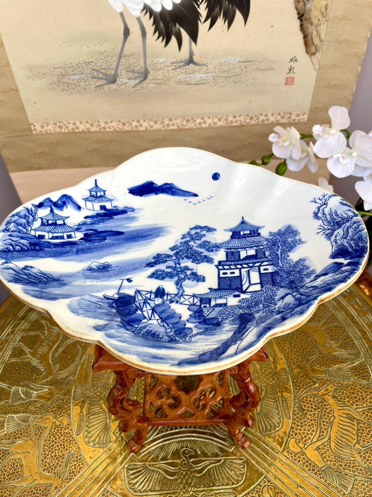 Blue and White Porcelain Dish - Hand Painted Landscape with Pagoda & Pine - Scalloped Iron-Oxide Rim - Fine Asian Home Decor