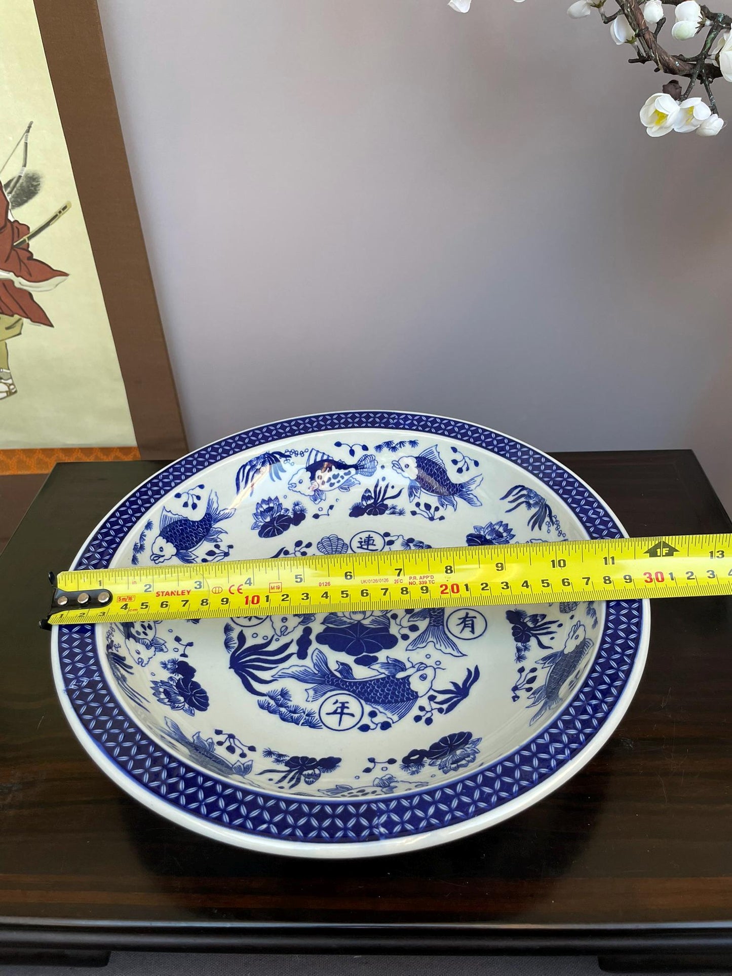 Large Flared Rim Porcelain Bowl • Wide Shallow Blue & White Display Bowl • Decorative Serving Vessel • Oriental Art Centerpiece