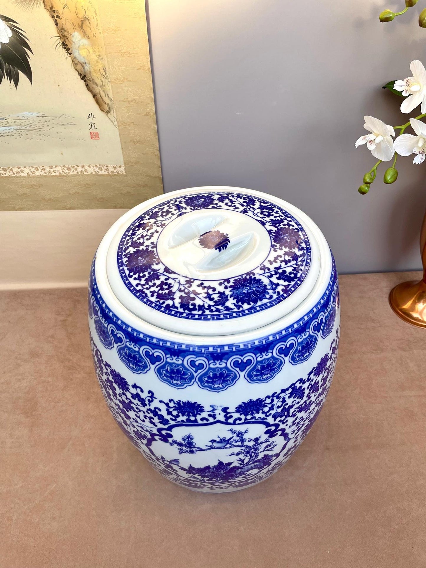 Blue & White Porcelain Lidded Container • Chinoiserie Ginger Jar Side Table • Decorative Storage Jar w/ Rubber Gasket • Floral Bird Pattern