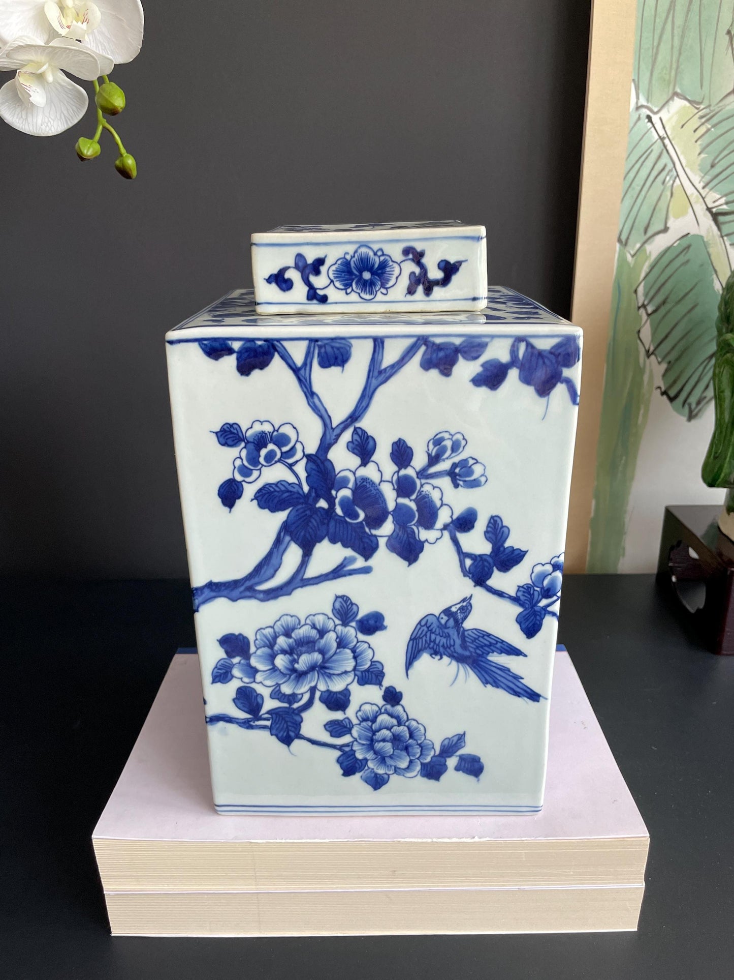 Hand-Painted Blue & White Xiang Qi Square Porcelain Vessel | Imperial Kangxi Style Continuous Panoramic Garden Scroll (~30cm)