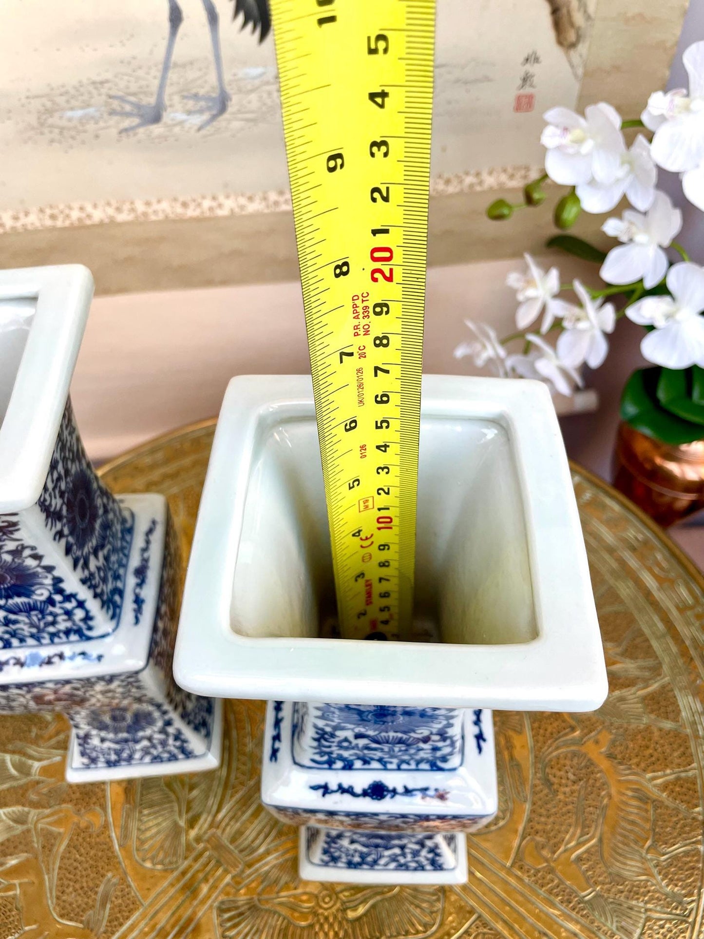 pair of Blue & White Porcelain Altar Candle Holders • Imperial Ritual Vessel Pair • Heaven–Earth–Human 3 section  Chinoiserie Floral design