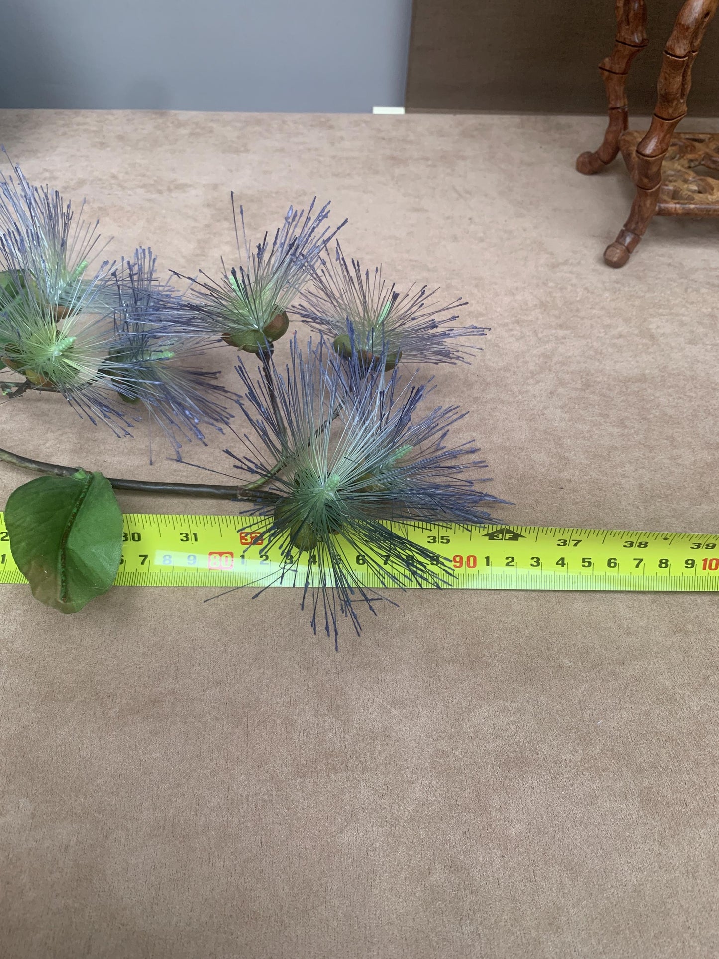 Realistic Blue Powder Puff Flower Branch - Artificial Calliandra Silk Tree Stem Zen Minimalist Home Decor Blue Pom Pom Branch High-End Faux