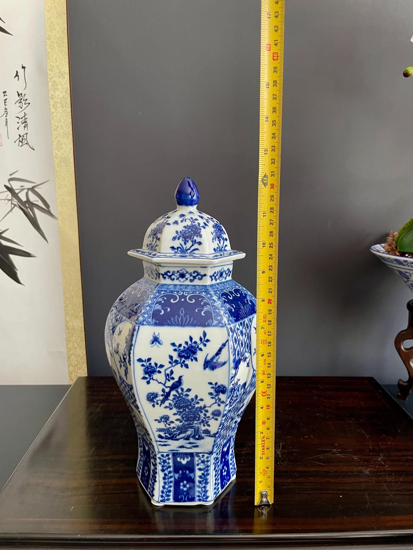 Hand Crafted Blue & White Hexagon Porcelain Vase with Lid | Six Sided 30cm Ceramic Temple Jar | Unique Multi Panel Chinoiserie Decor