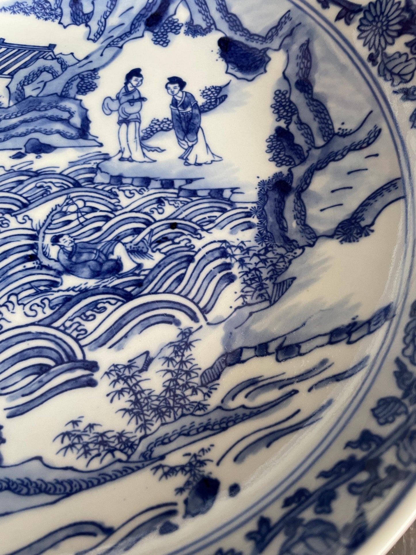 Traditional Blue and White Porcelain Charger | Hand-Crafted Narrative Decorative Plate | Classic Chinoiserie Display Platter