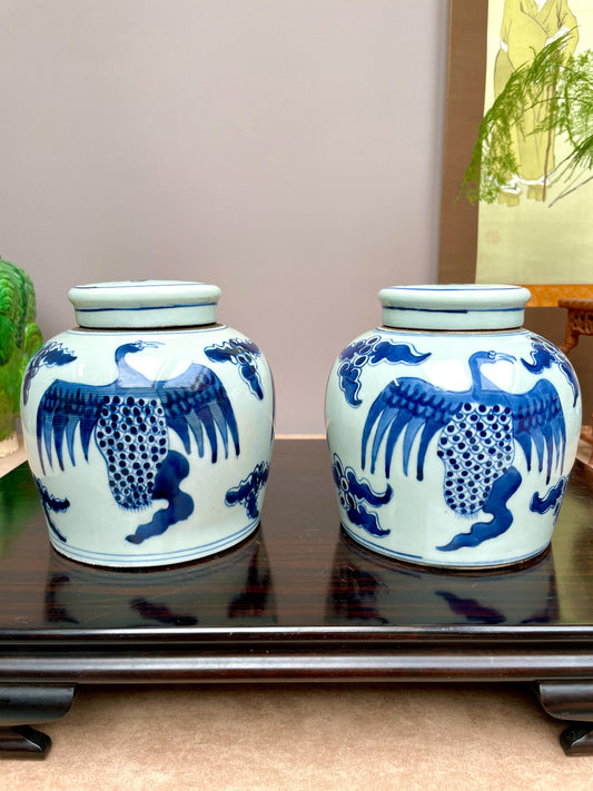 Pair of Hand Painted Blue and White Phoenix Ginger Jars, Vintage Chinese Porcelain Jars with Lids Chinoiserie Decor Mythological Bird 15cm