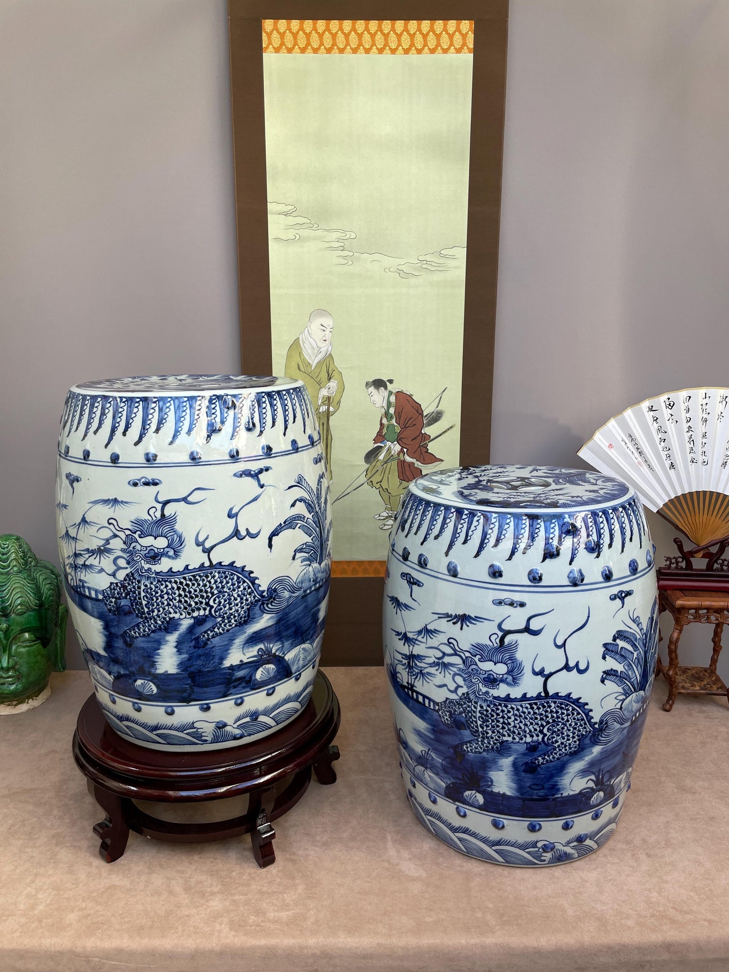 Large Blue and White Porcelain Garden Stool, Hand Painted Qilin Dragon Ceramic Seat Chinoiserie Drum Stool Oriental Decor, Rare Heavy SINGLE