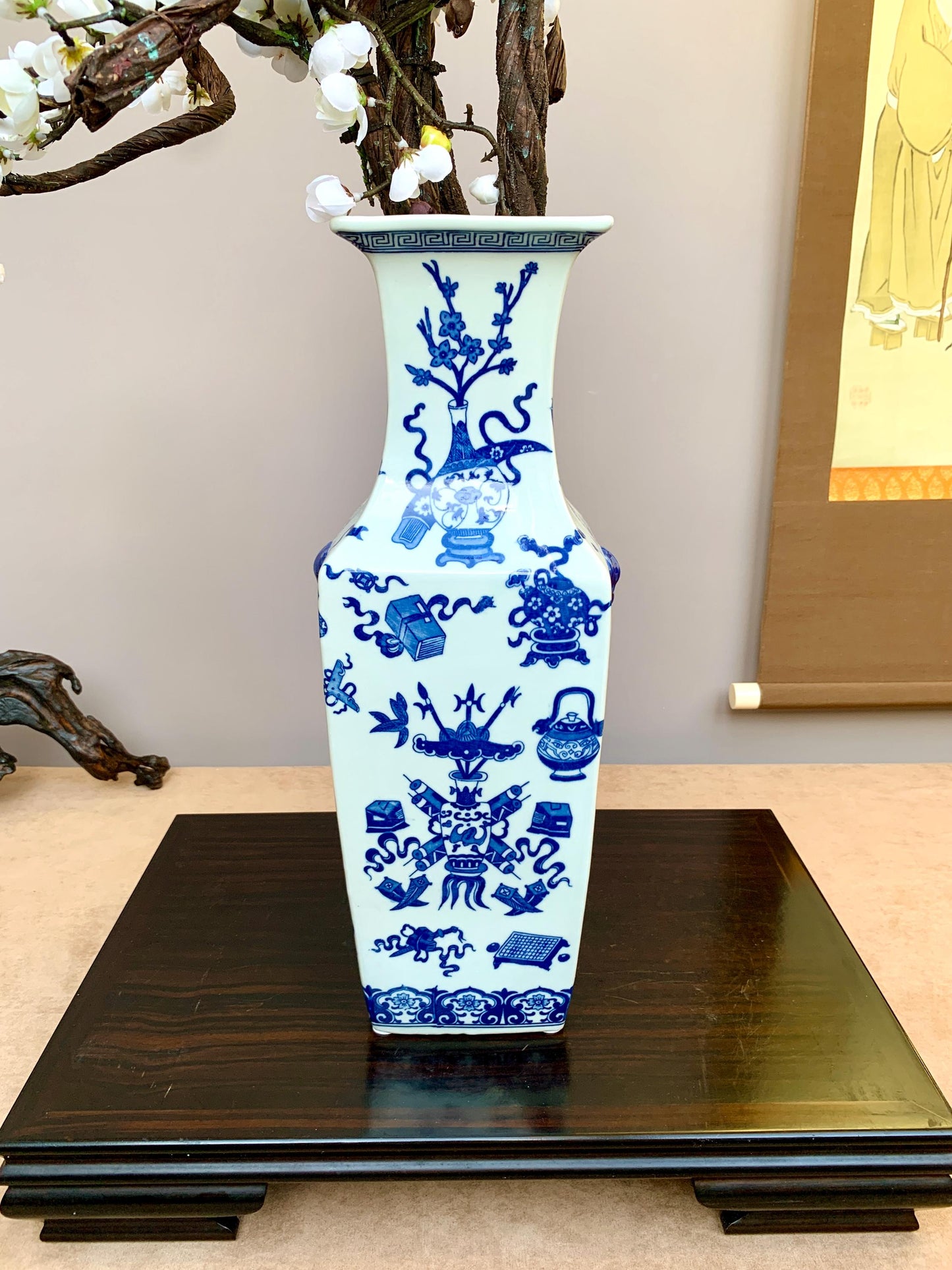Tall Hand-Crafted Blue and White Square Vase Rare "Hundred Antiques" (Bogu) Motif Heavy Premium Porcelain Traditional Scholar's Studio Deco