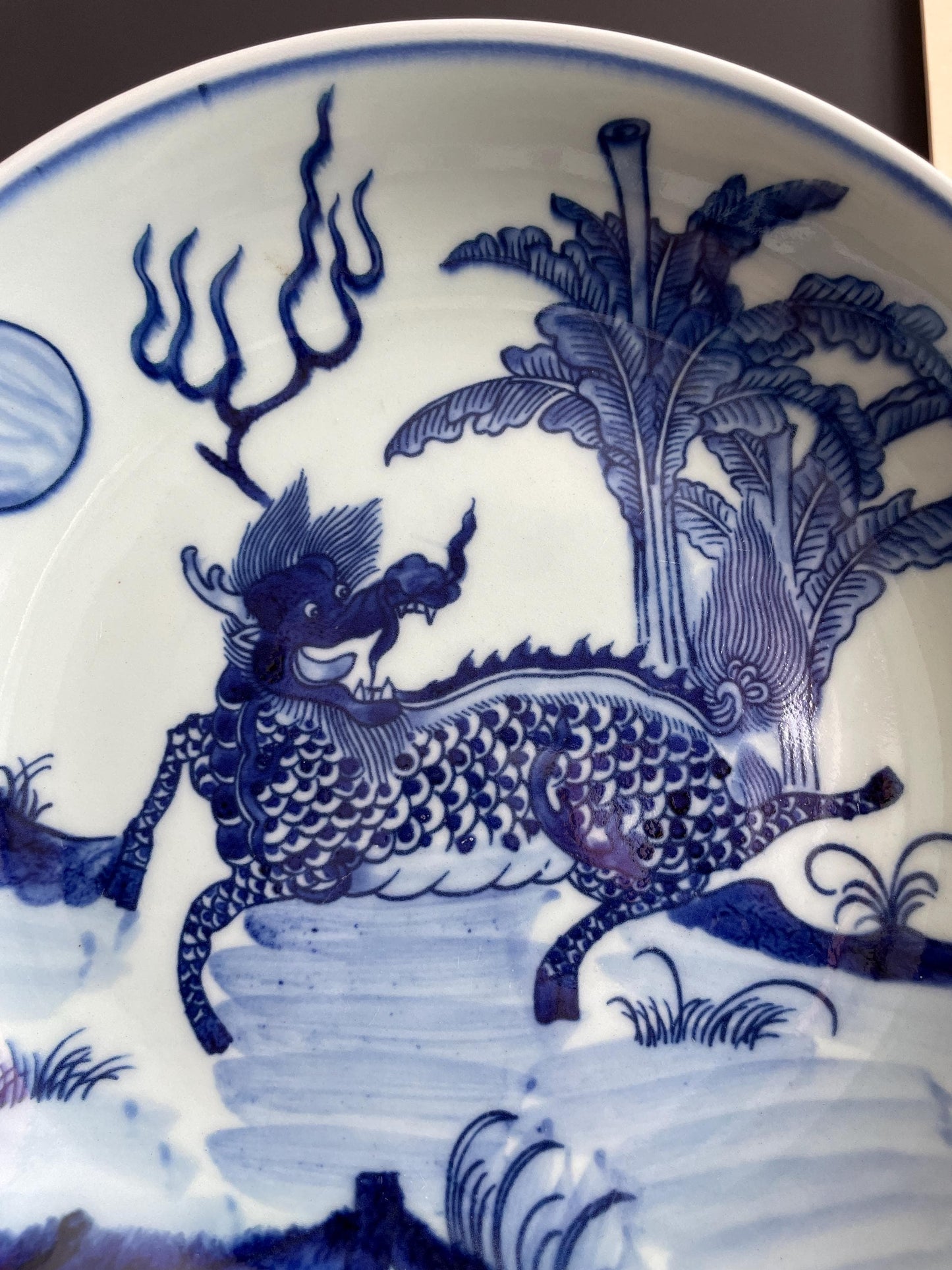 Blue and White Porcelain Display Plate with Stand Chinoiserie Qilin Charger Kirin Mythical Beast Traditional Ceramic Oriental Cabinet Decor