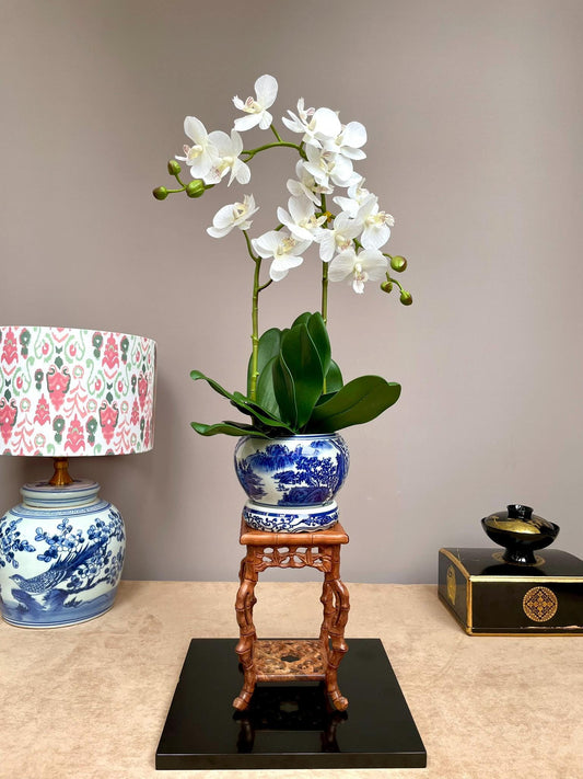 Blue and White Ceramic Vase with Stand | Traditional Chinese Landscape Design | Elegant Home Decor