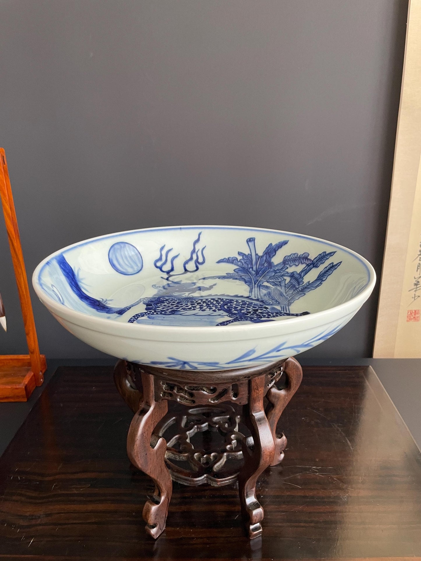 Blue and White Porcelain Display Plate with Stand Chinoiserie Qilin Charger Kirin Mythical Beast Traditional Ceramic Oriental Cabinet Decor