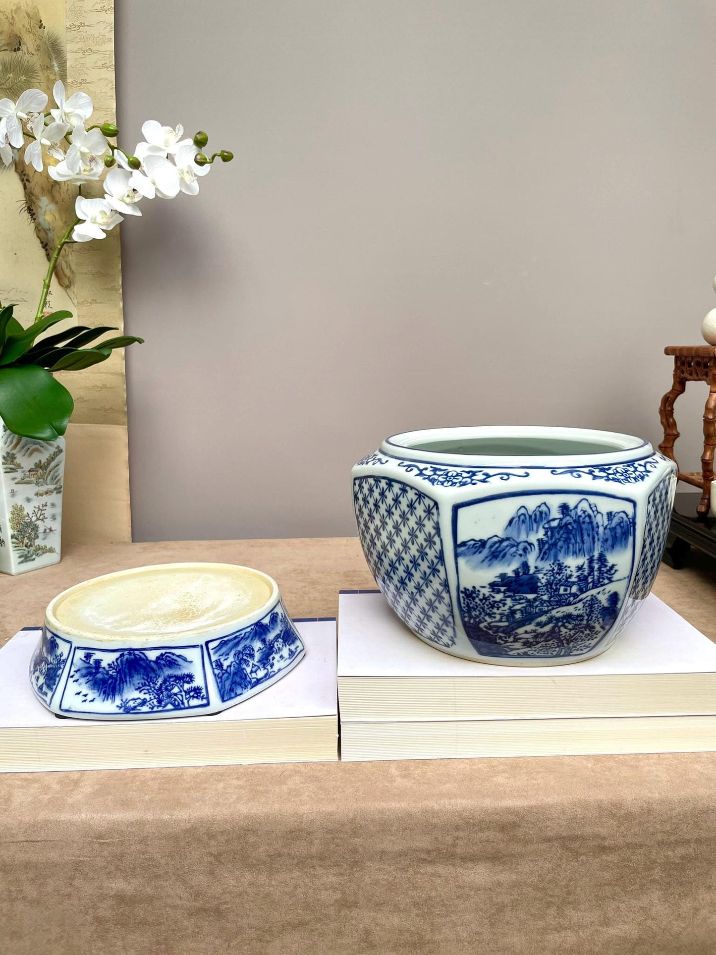 Blue and White Chinese Porcelain Planter with Stand | Hand-Painted Landscape Scene | Oriental Home Decor | Ming Style Ceramic Pot