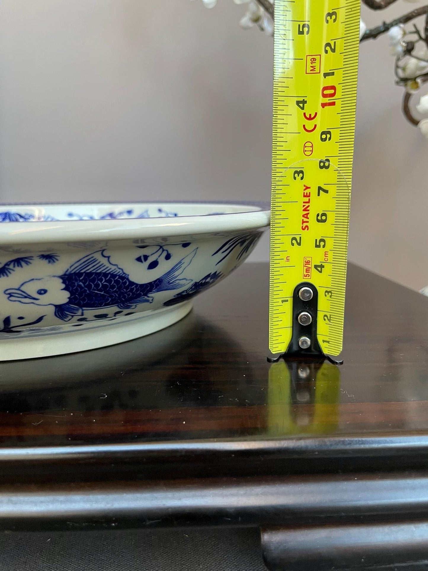 Large Flared Rim Porcelain Bowl • Wide Shallow Blue & White Display Bowl • Decorative Serving Vessel • Oriental Art Centerpiece