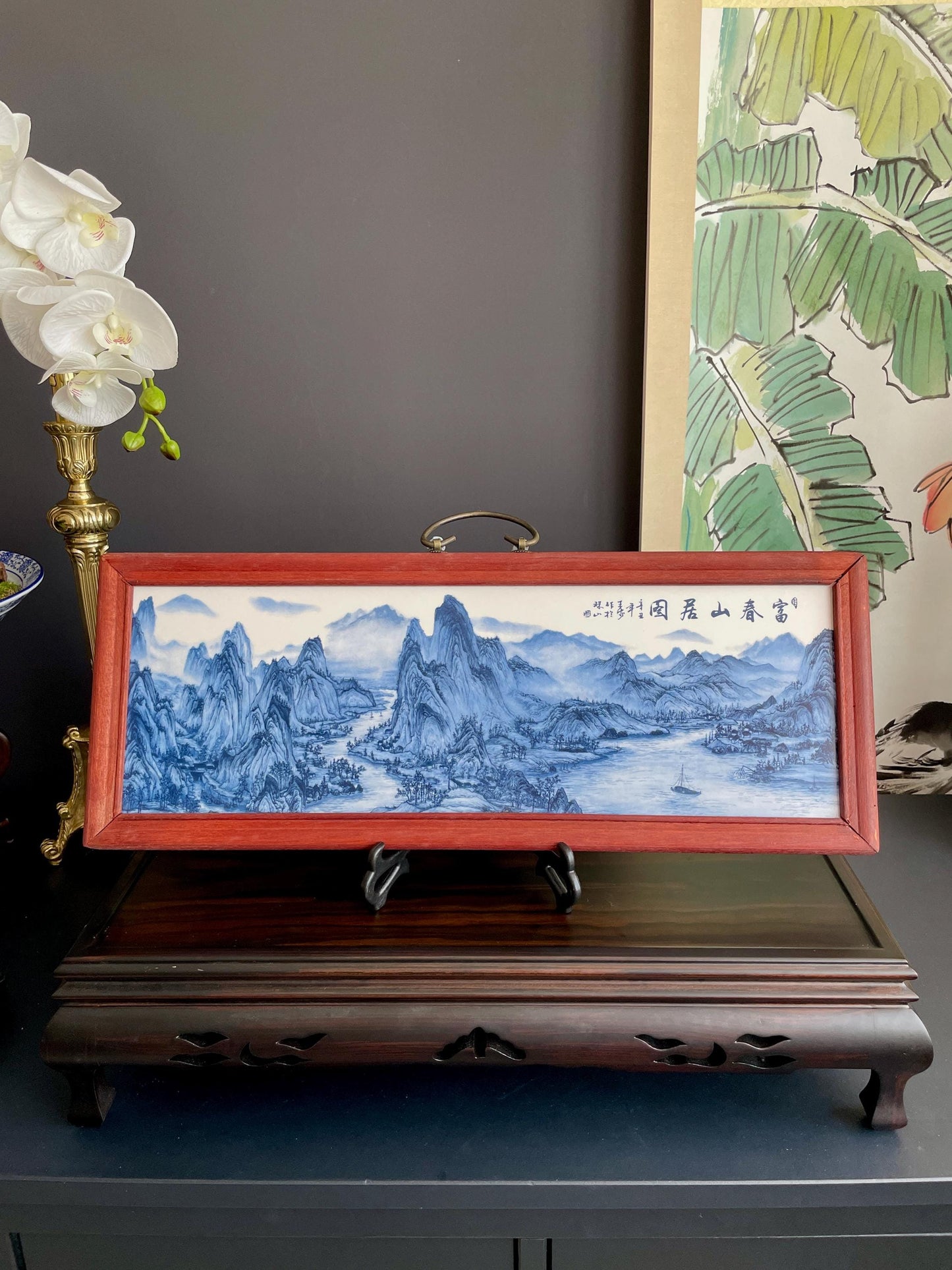 Hand-Crafted Blue & White Porcelain Landscape Plaque | Framed "Fu Chun Shan Ju Tu" Shan Shui Wall Art Screen (53cm x 20cm)