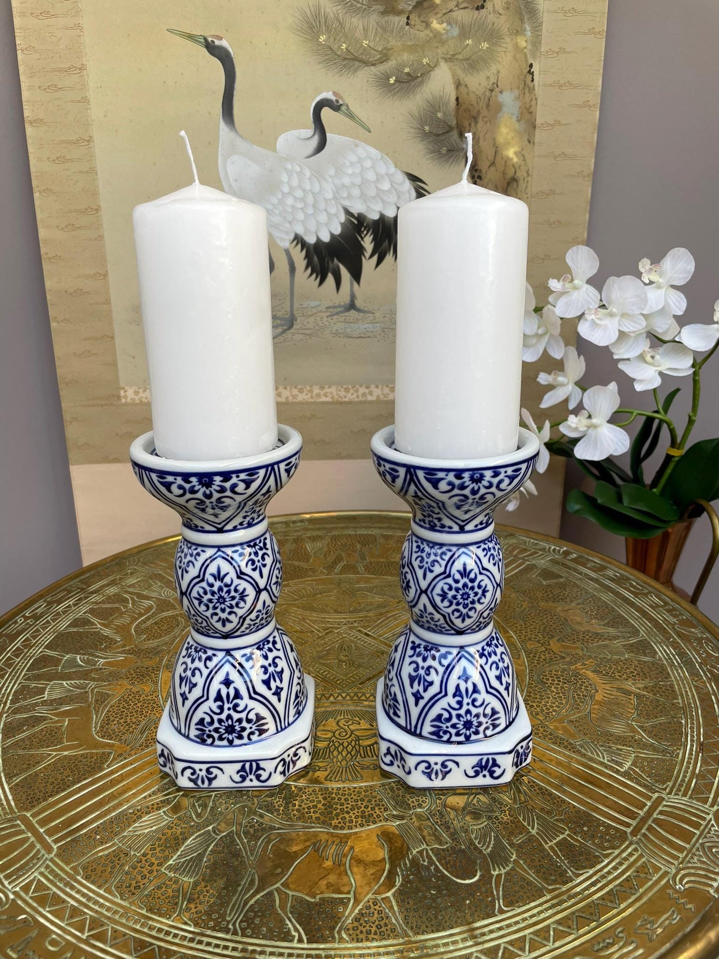 Blue and White Candlesticks Pair, Chinoiserie Taper Holders, Geometric Floral Porcelain, Grandmillennial Wedding Centerpiece, Hamptons Style