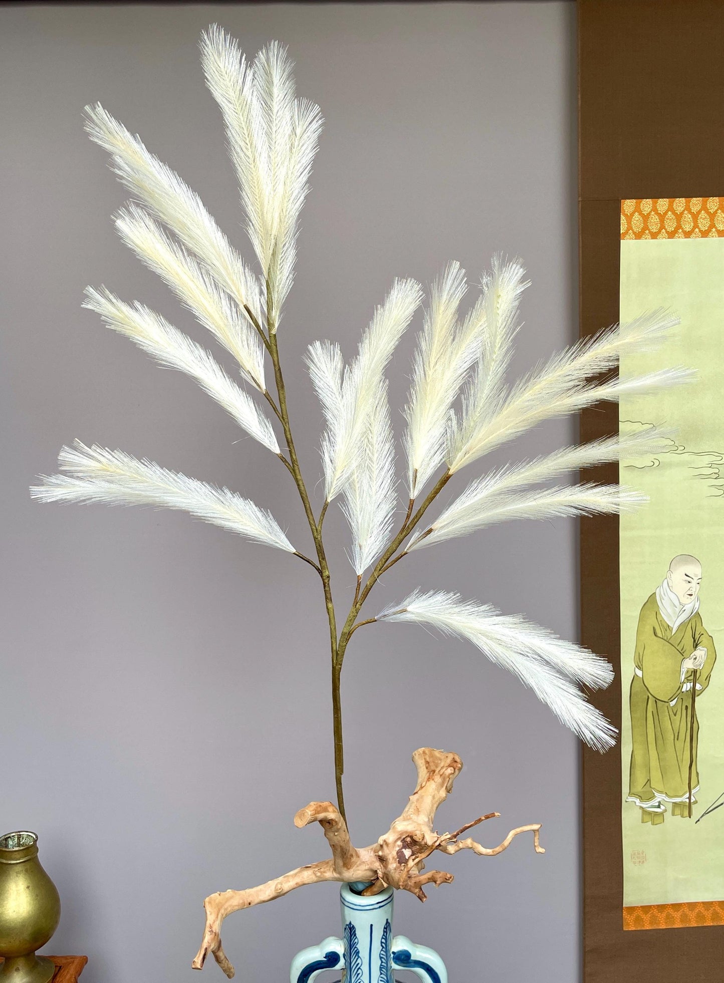 Large Realistic Artificial Pampas Grass Branch Faux Feathery Plume Stem - Minimalist Cream White Greenery for Tall Vases - Luxury Home Decor