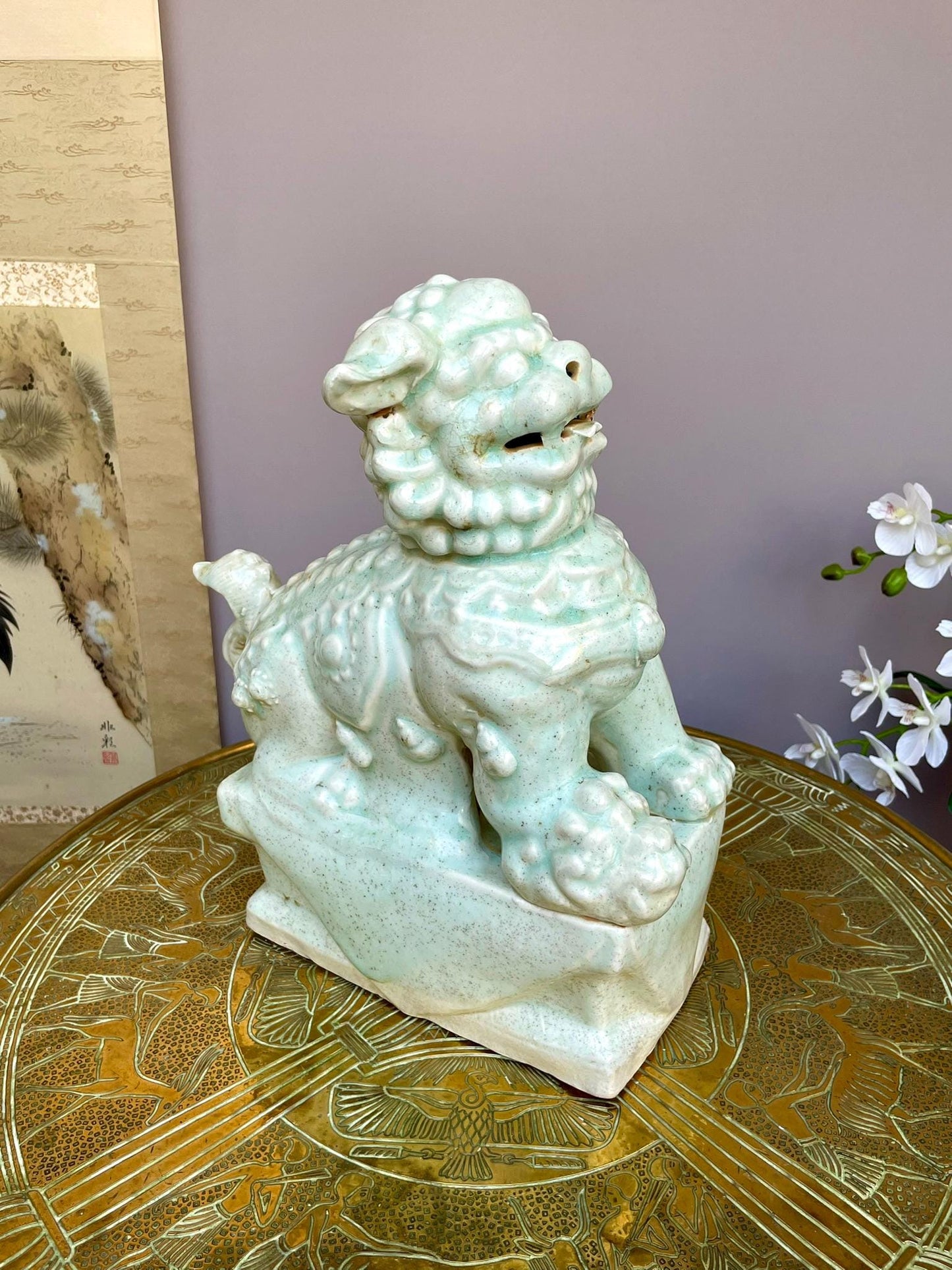 Ru-Style Celadon Foo Dog Sculpture | Celadon Guardian Lion | Chinese Art Decor | Scholar’s Studio Ornament | Ceramic Home Decor