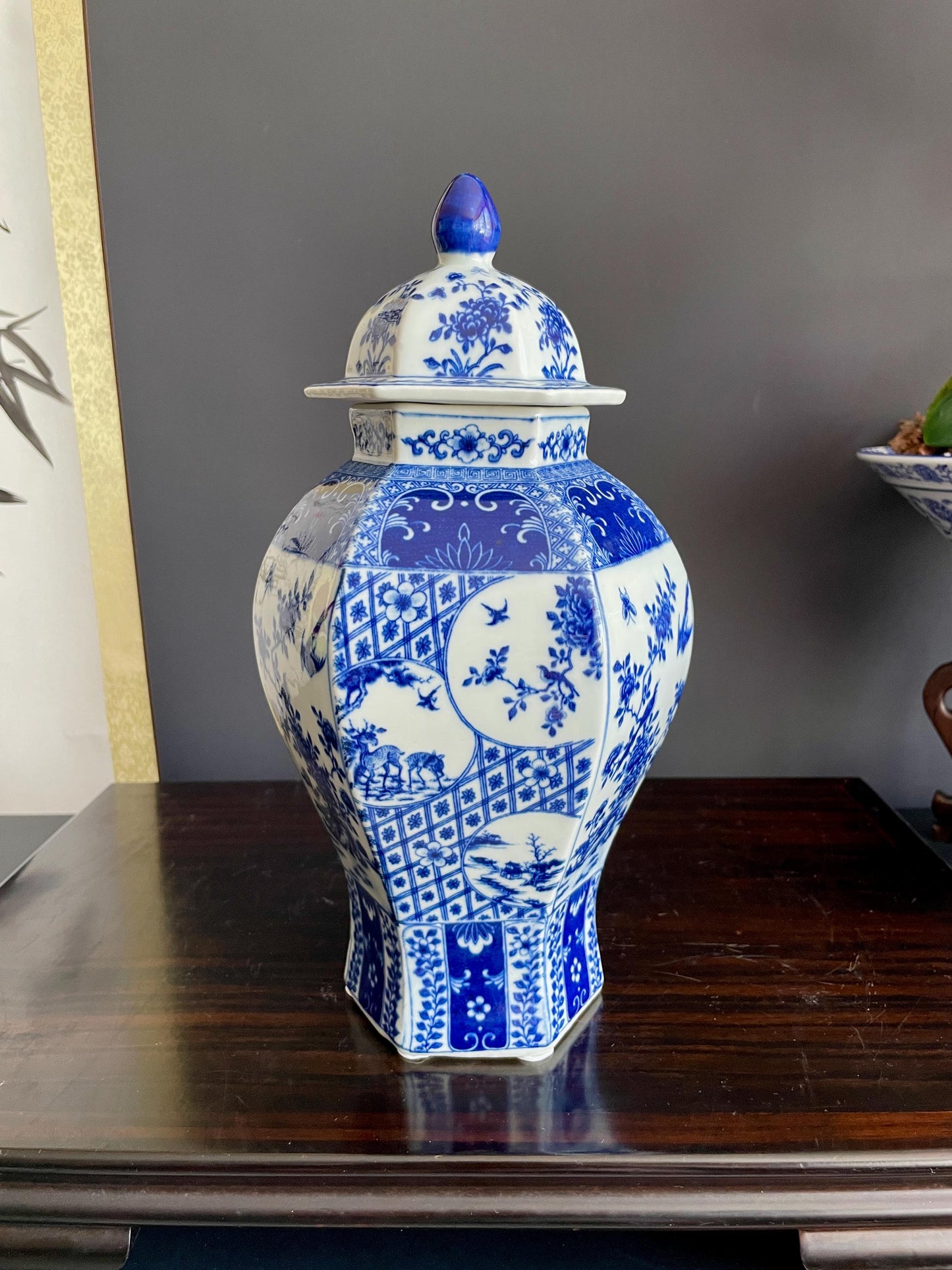 Hand Crafted Blue & White Hexagon Porcelain Vase with Lid | Six Sided 30cm Ceramic Temple Jar | Unique Multi Panel Chinoiserie Decor