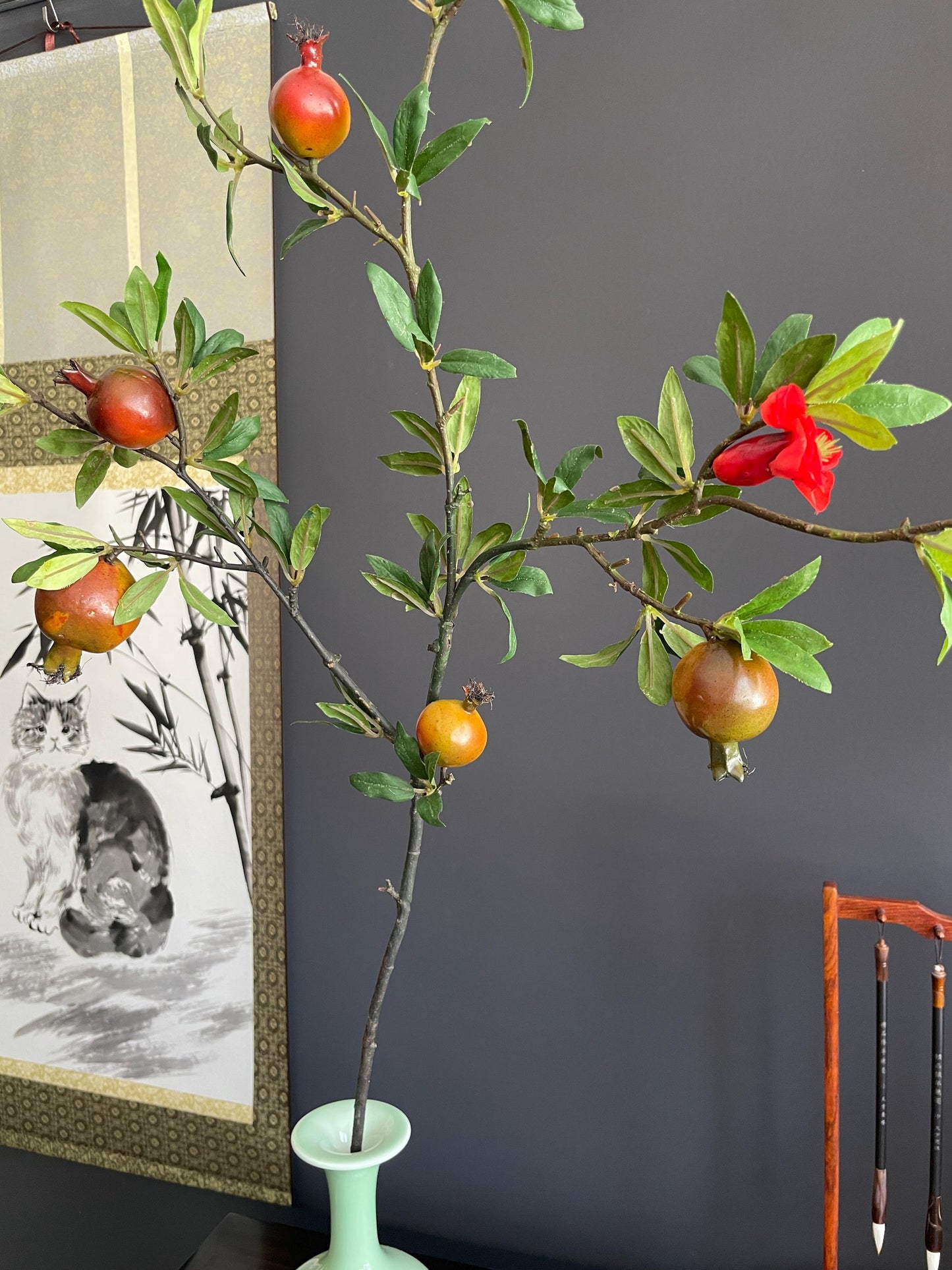 Architectural Faux Greenery Branch | Artisanal Artificial Pomegranate Stem | Vibrant Botanical Accent for Eclectic Interiors