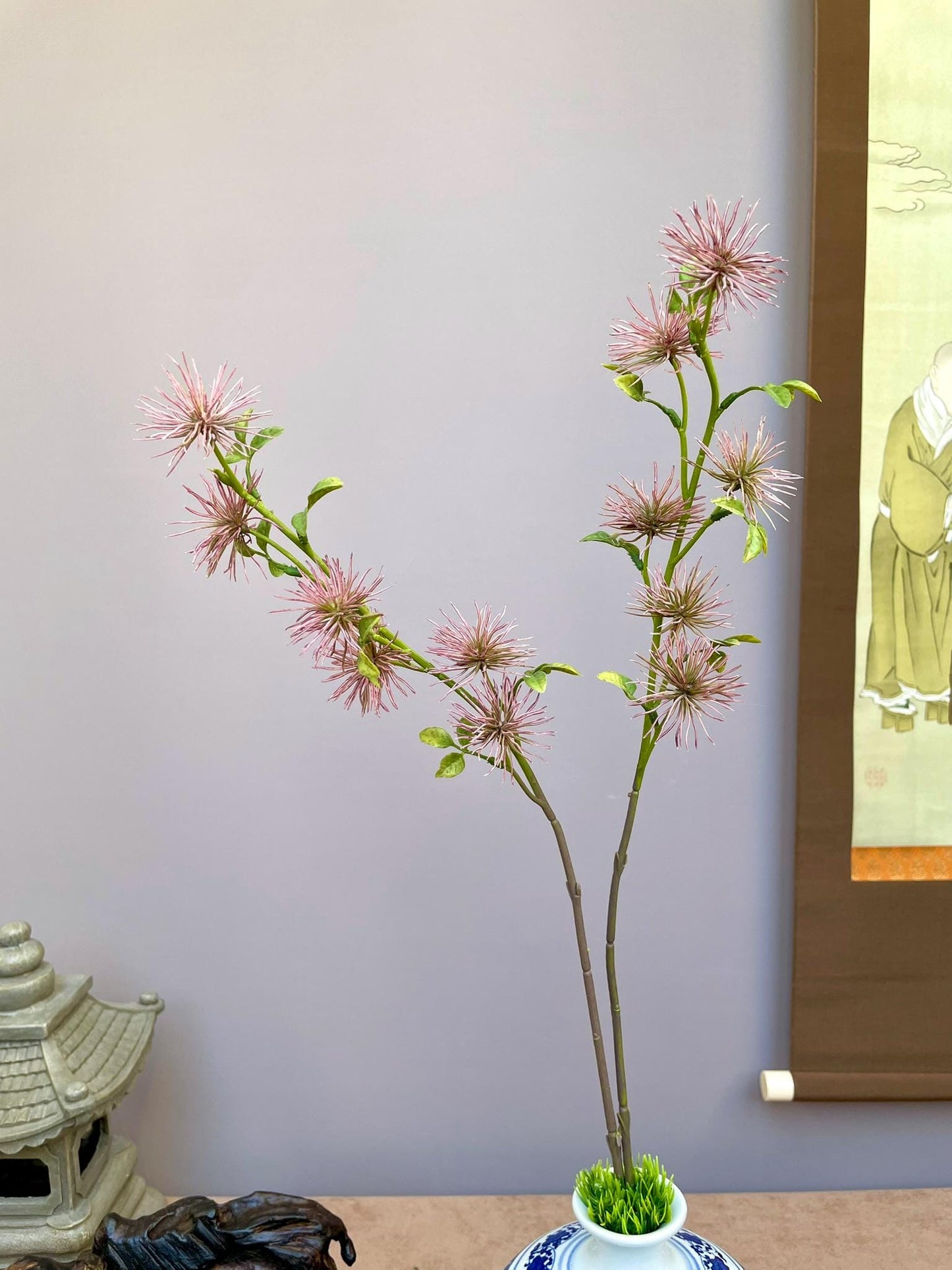 Pink Silk Tree Pompom Stem, Faux Albizia Julibrissin, Wispy Wildflower Arrangement, Japanese Wabi Sabi Decor, Tall Vase Filler